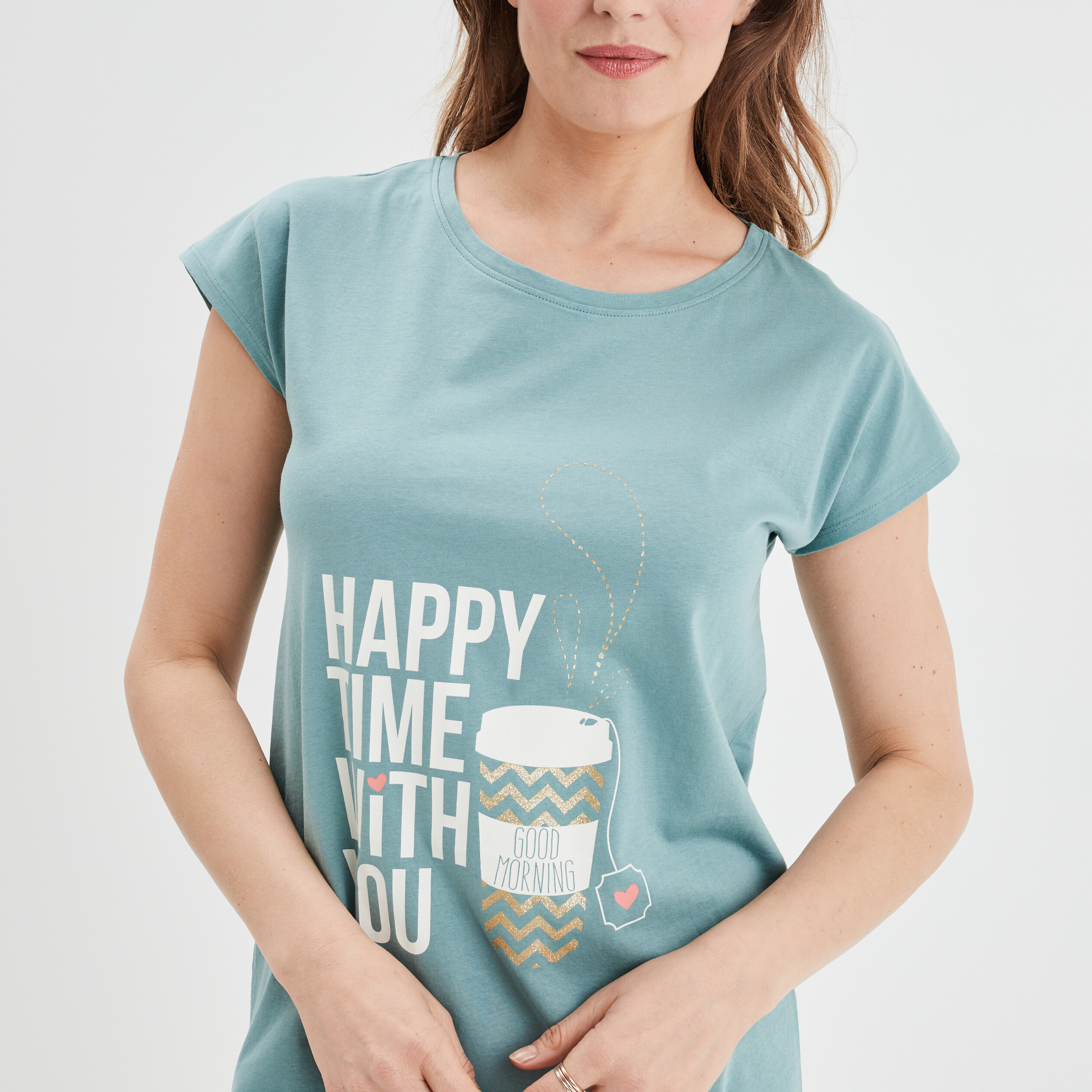 Chemise de nuit manches courtes coton bleu gris femme | La Halle