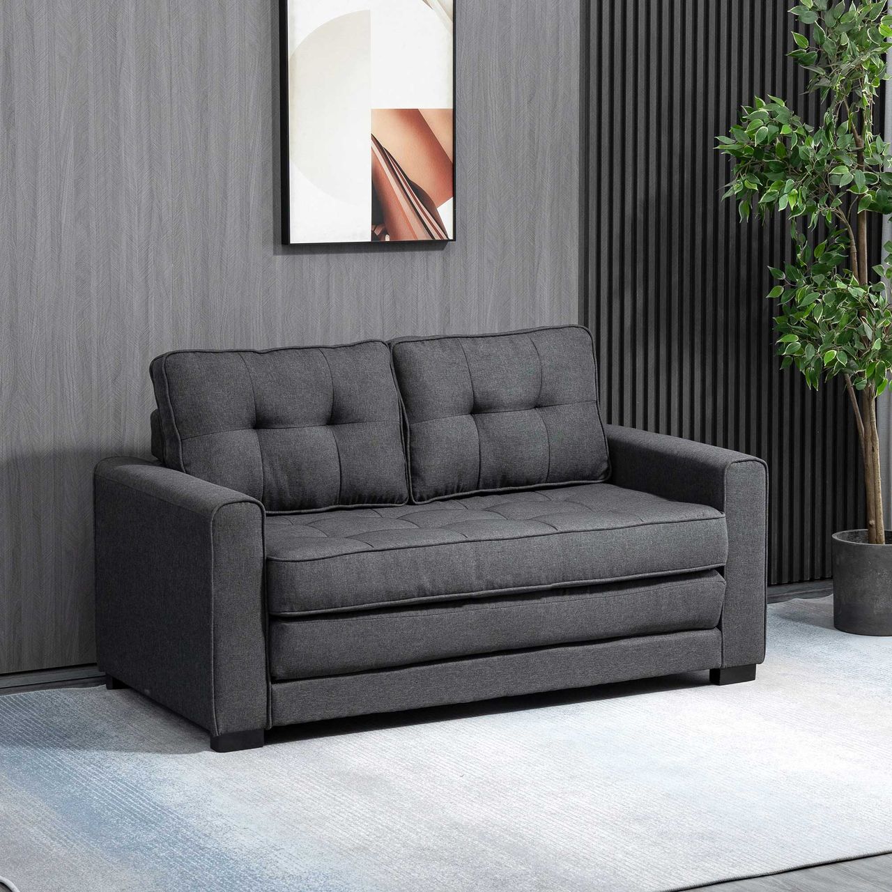 HOMCOM Schlafsofa Klappsofa 2-Sitzer Stoffsofa Leinen-Touch Gummiholz Grau