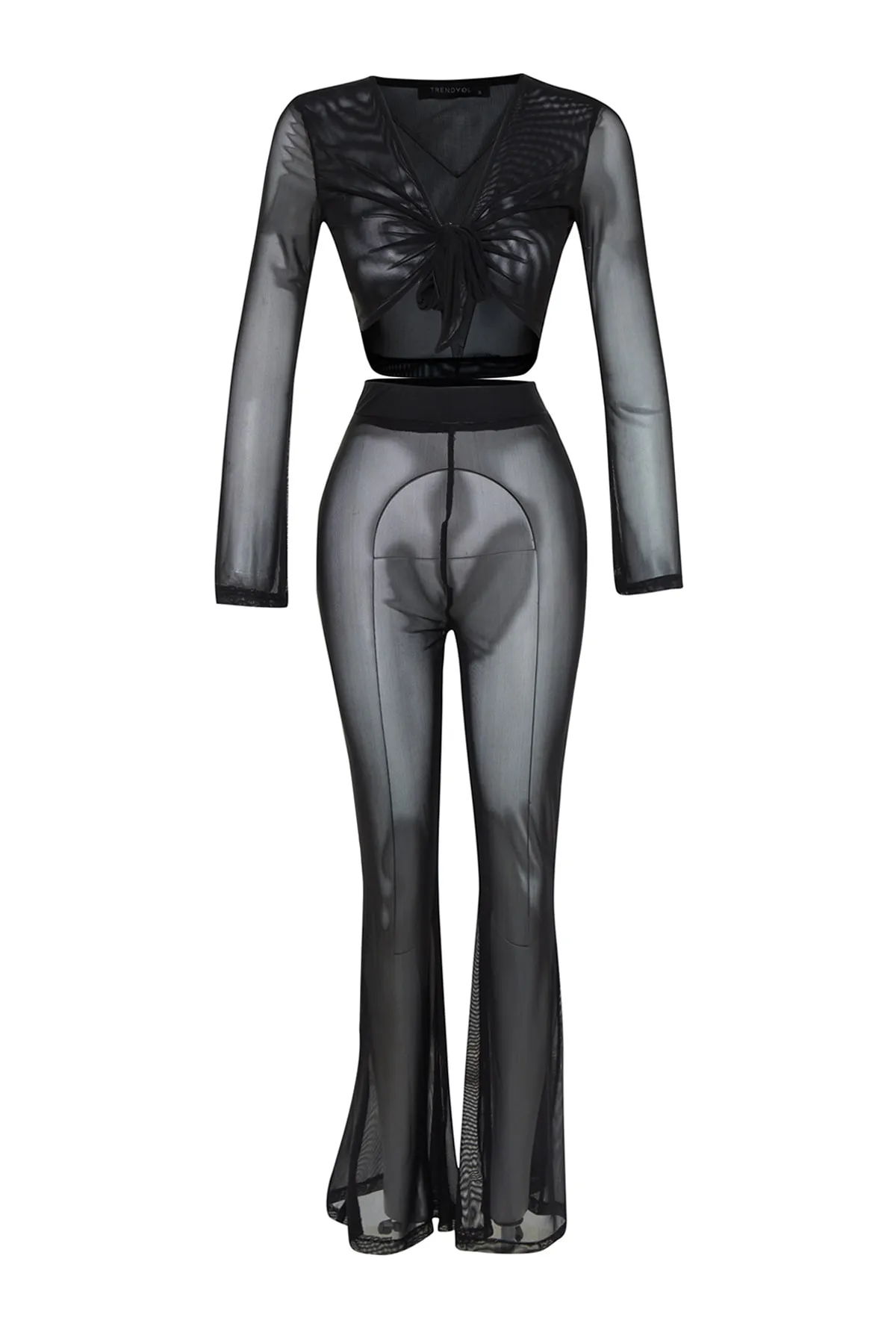 Trendyol Collection  Schwarzes gestricktes Blusen- und Hosen-Set mit Krawatte und Netzstoff TBESS22AU0014