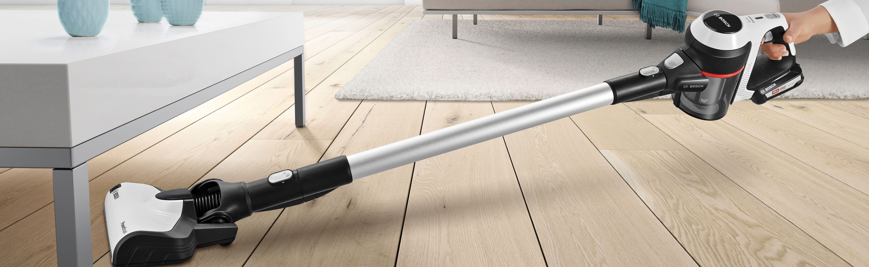 BOSCH Akku-Stielstaubsauger Unlimited Serie 6, weiß, BCS611AM, beutellos, 18V Power for ALL Akku, inkl. Möbelpinsel und Polsterdüse