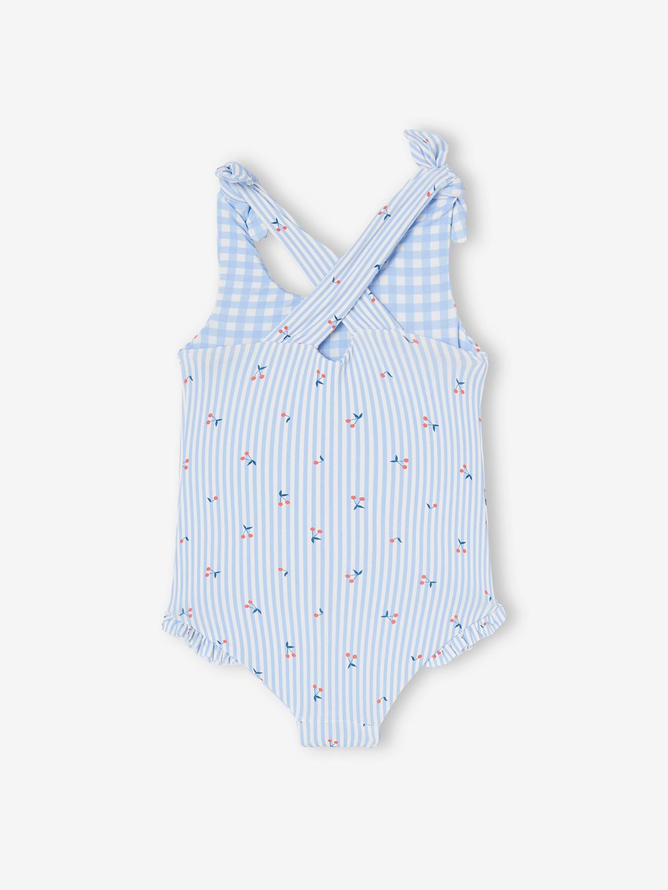 Maillot de bain 1 pièce bébé fille réversible vichy/rayures et fleurs bleu ciel