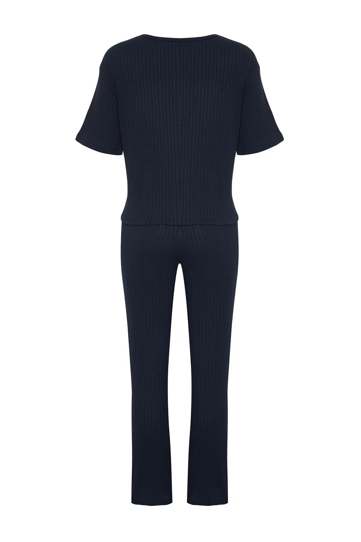 Trendyol Collection  Marineblauer Slogan-bedruckter, detaillierter Gummi-T-Shirt-Hose-Strickpyjama aus schnurgebundener Baumwolle THMSS21PT1016