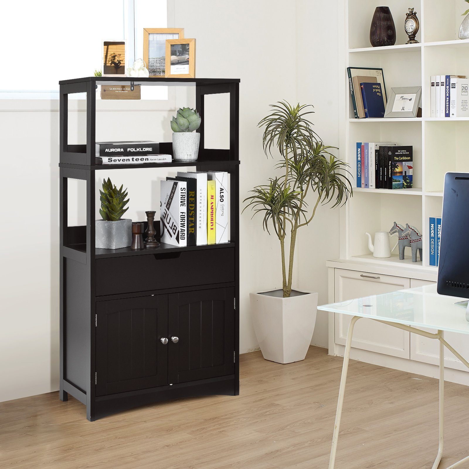 COSTWAY Mehrzweckschrank Bücherschrank mit Türen & 3 Regalen & Schublade