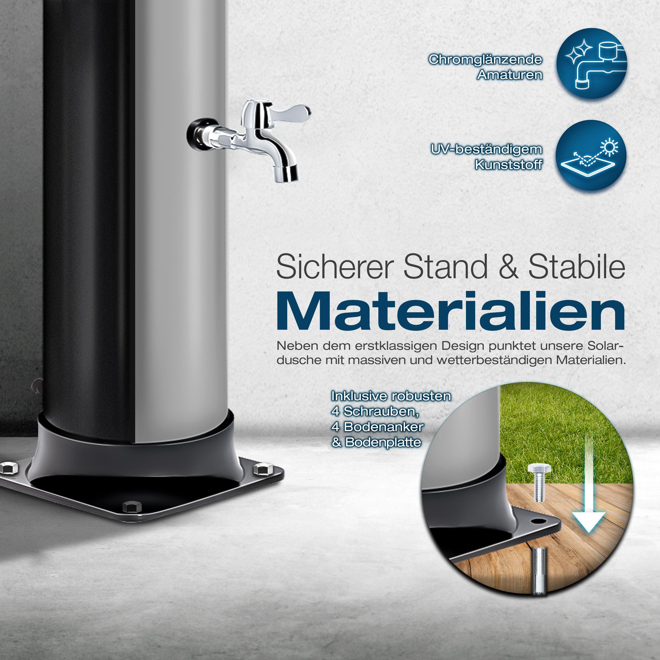 tillvex Solardusche 40 Liter inkl. Schutzhaube Solar Garten-dusche (mit Wasserhahn und Regenduschkopf Gartenschlauch-Anschluss), warmes Wasser Pooldusche Camping, ohne Stromanschluss