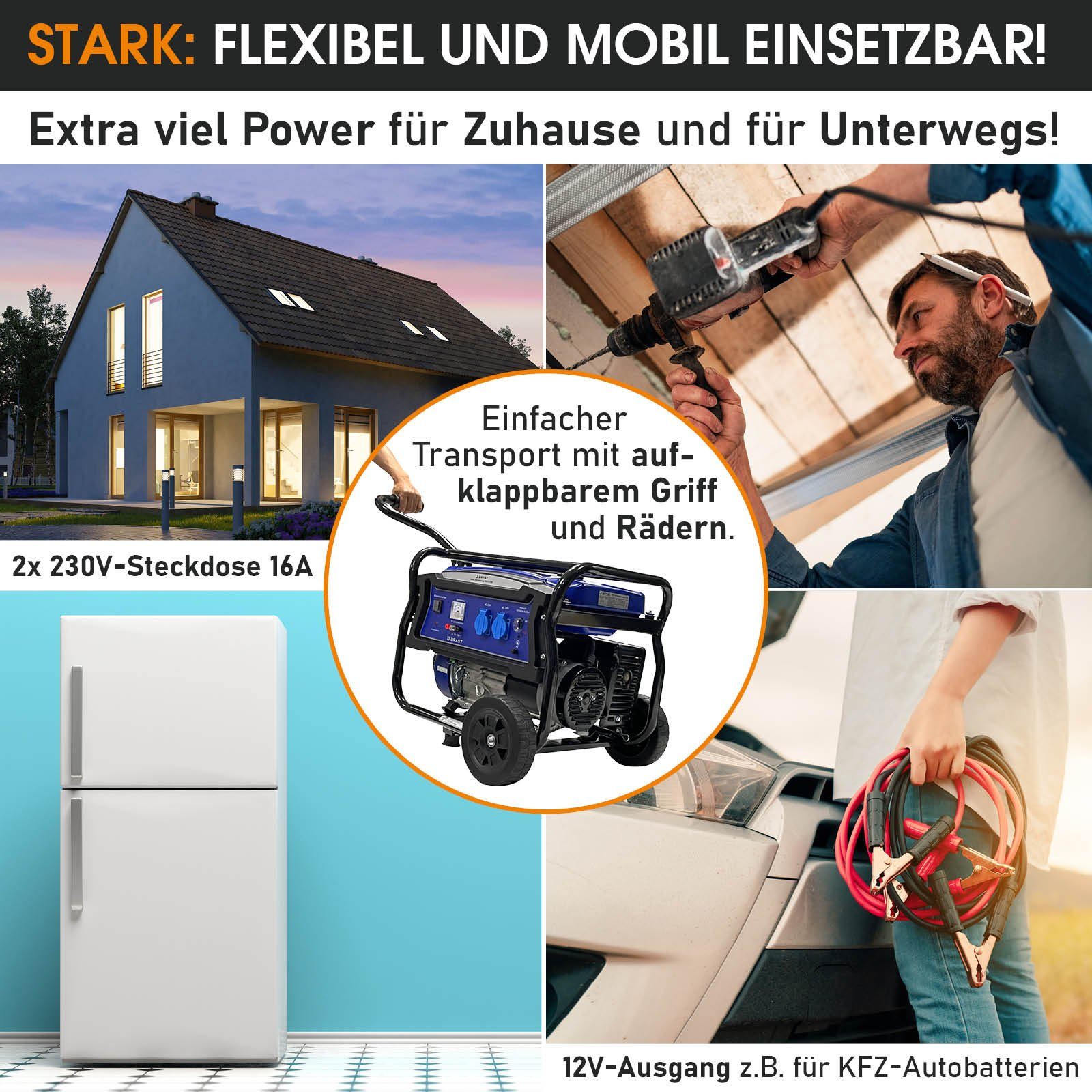 BRAST Stromerzeuger Benzin 4,8kW (6,5PS) mit 212cm³ 3000 Watt 4-Takt-Motor, (Zahlreiche Anschlüsse für flexiblen Einsatz), lange Laufzeiten bis zu 23 Stunden Generator Stromgenerator