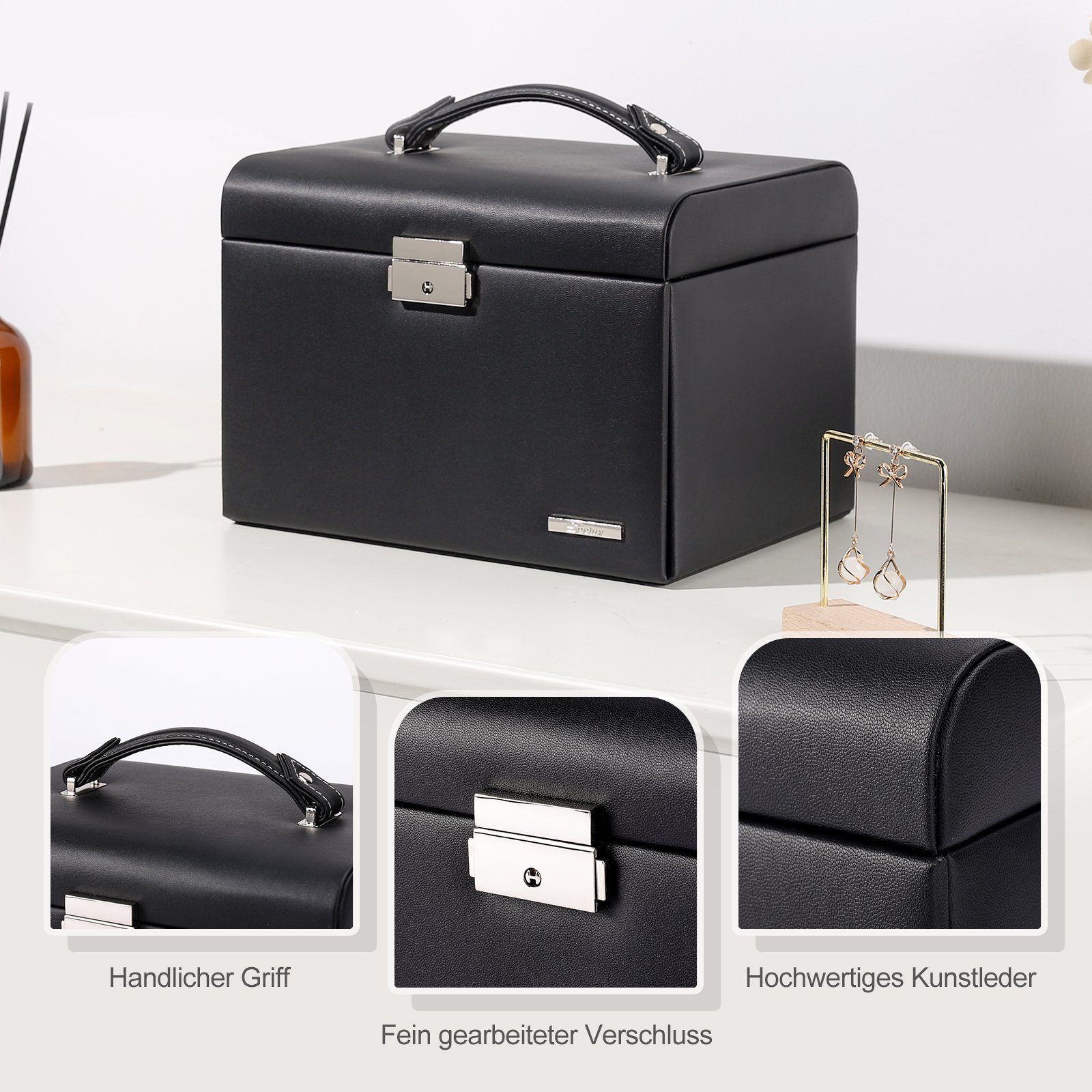 Yorbay Schmuckkasten Schmuckkoffer mit 4 Ebenen und 2 Seitenfächern, Schwarz (Komplett abschließbare Schmuckschatulle, Mit Spiegel), Schmuckkästchen für Halsketten, Ringe, Armbänder, Ohrringe
