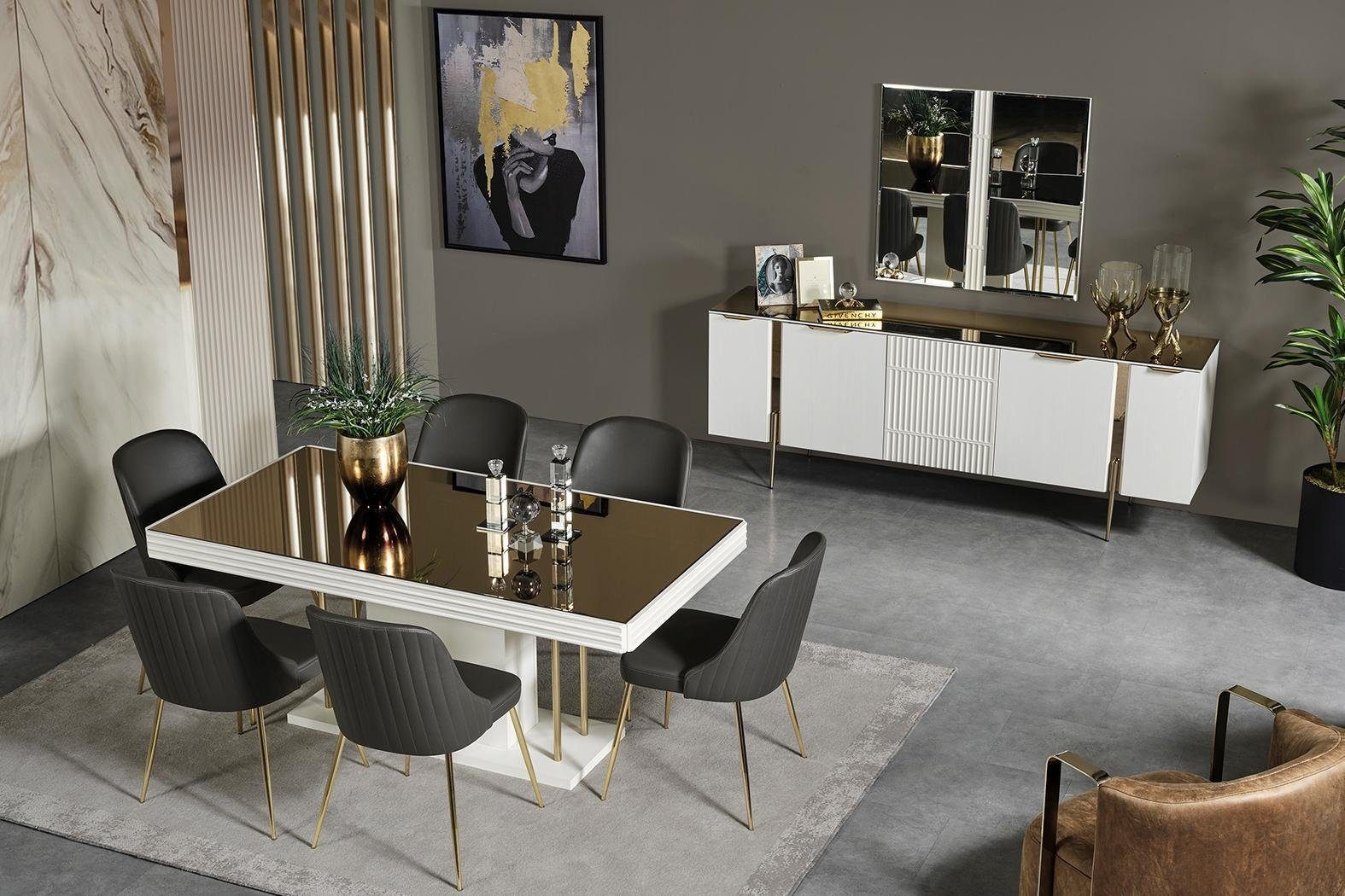 JVmoebel Esszimmer-Set Stilvolle Esszimmergarnitur Esstisch Stühle Sideboard Designer Spiegel, (9-St., Esstisch, 6x Stühle, Sideboard, Spiegel), Made in Europa