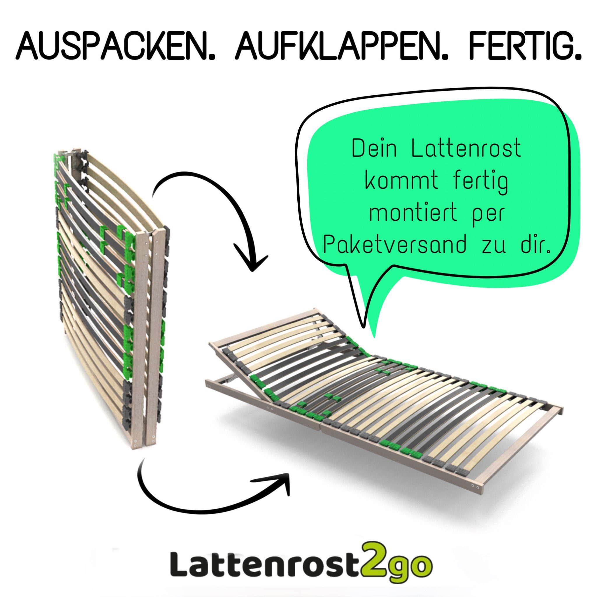 Lattenrost Lattenrost 100x200, verstellbarer Härtegrad, -140kg, FERTIG MONTIERT, Lattenrost2go, Kopfteil manuell verstellbar, Fußteil nicht verstellbar