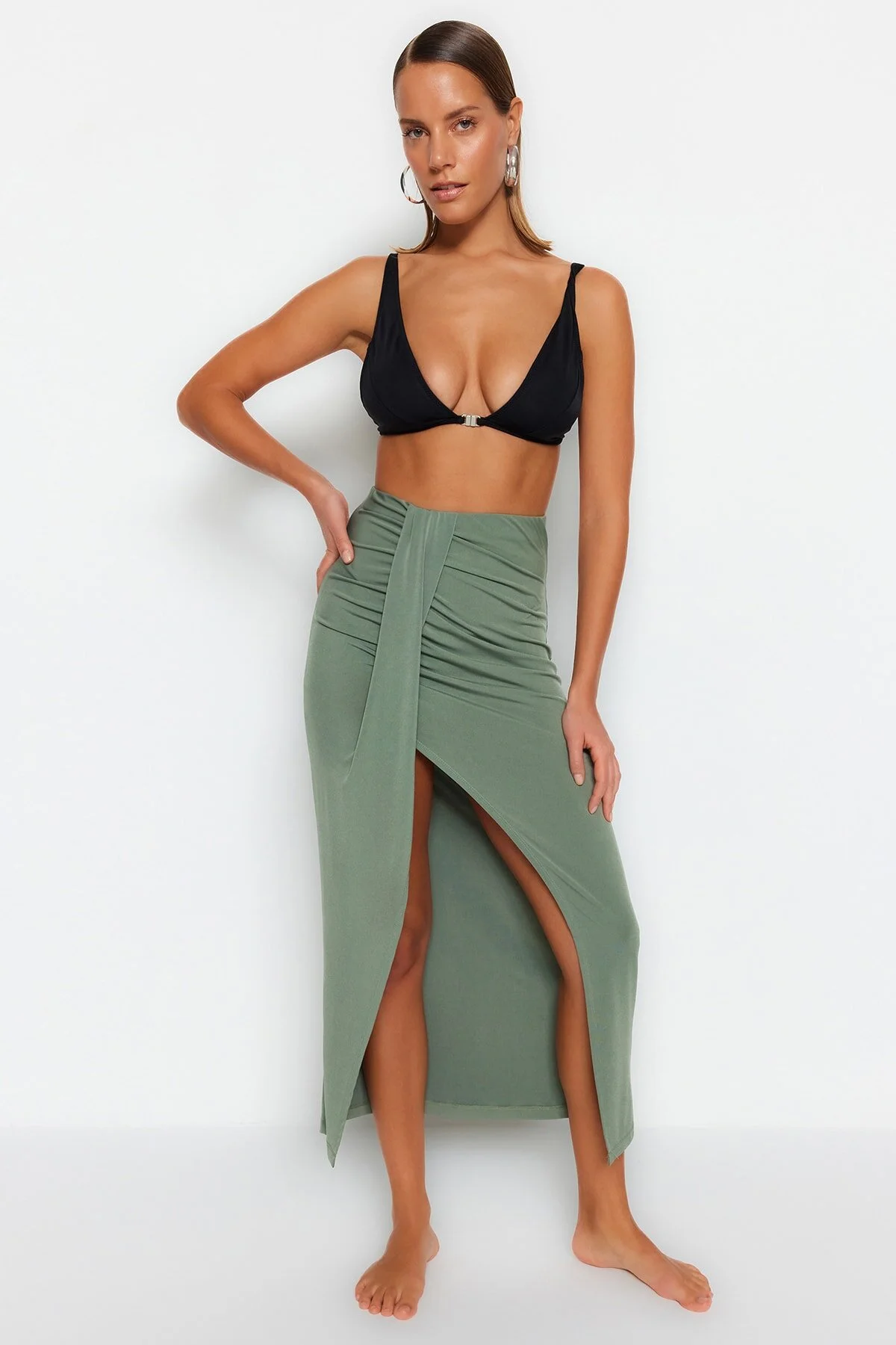 Trendyol Collection  Khakifarbener, taillierter, gewebter Maxi-Schlitzrock TBESS23ET00021