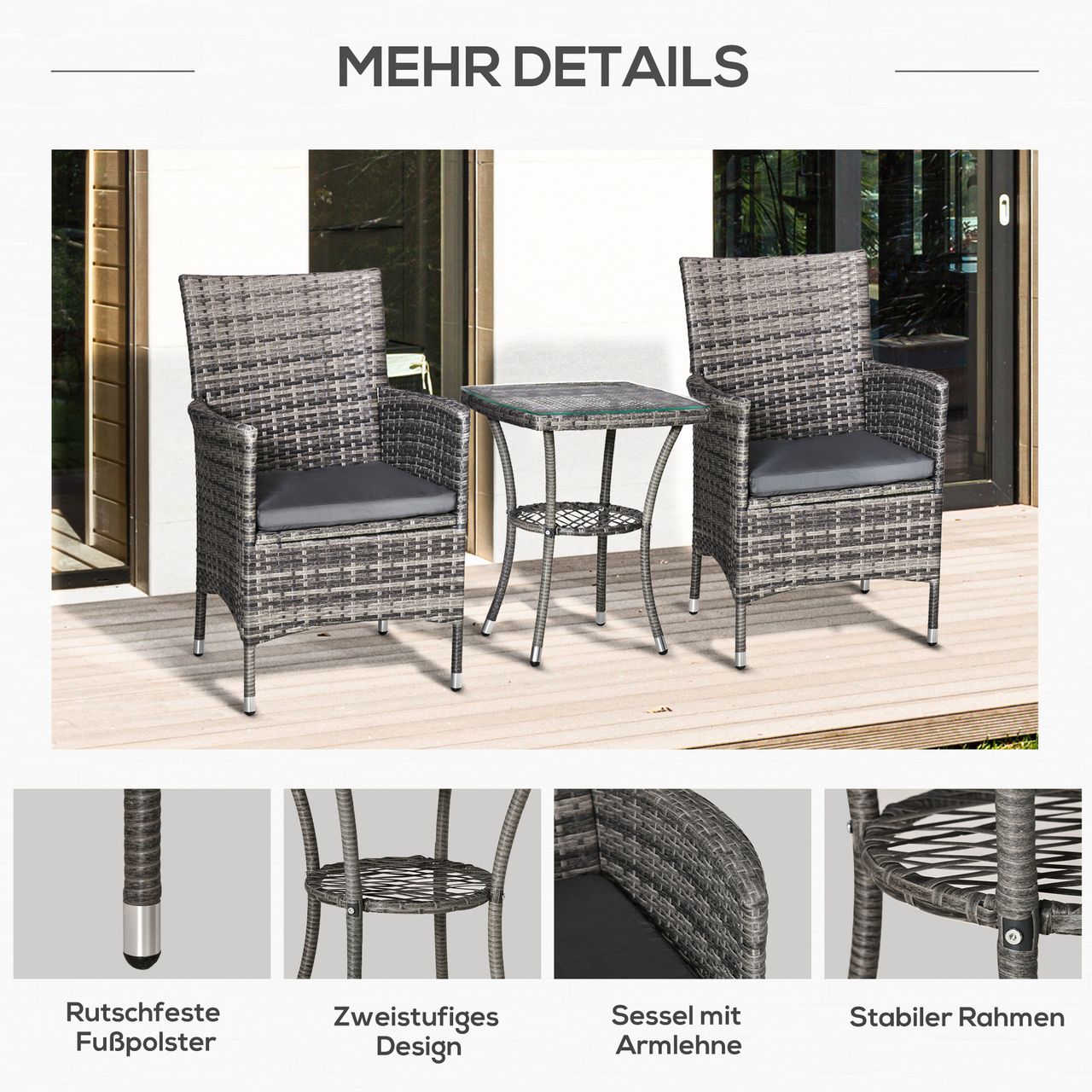 Outsunny Gartensitzgruppe mit Beistelltisch, Bistroset, 3-tlg. Rattan Gartenset Sitzgarnitur mit Sitzkissen Polyrattan   Stahl Dunkelgrau 60 x 58,5 x 89,5 cm