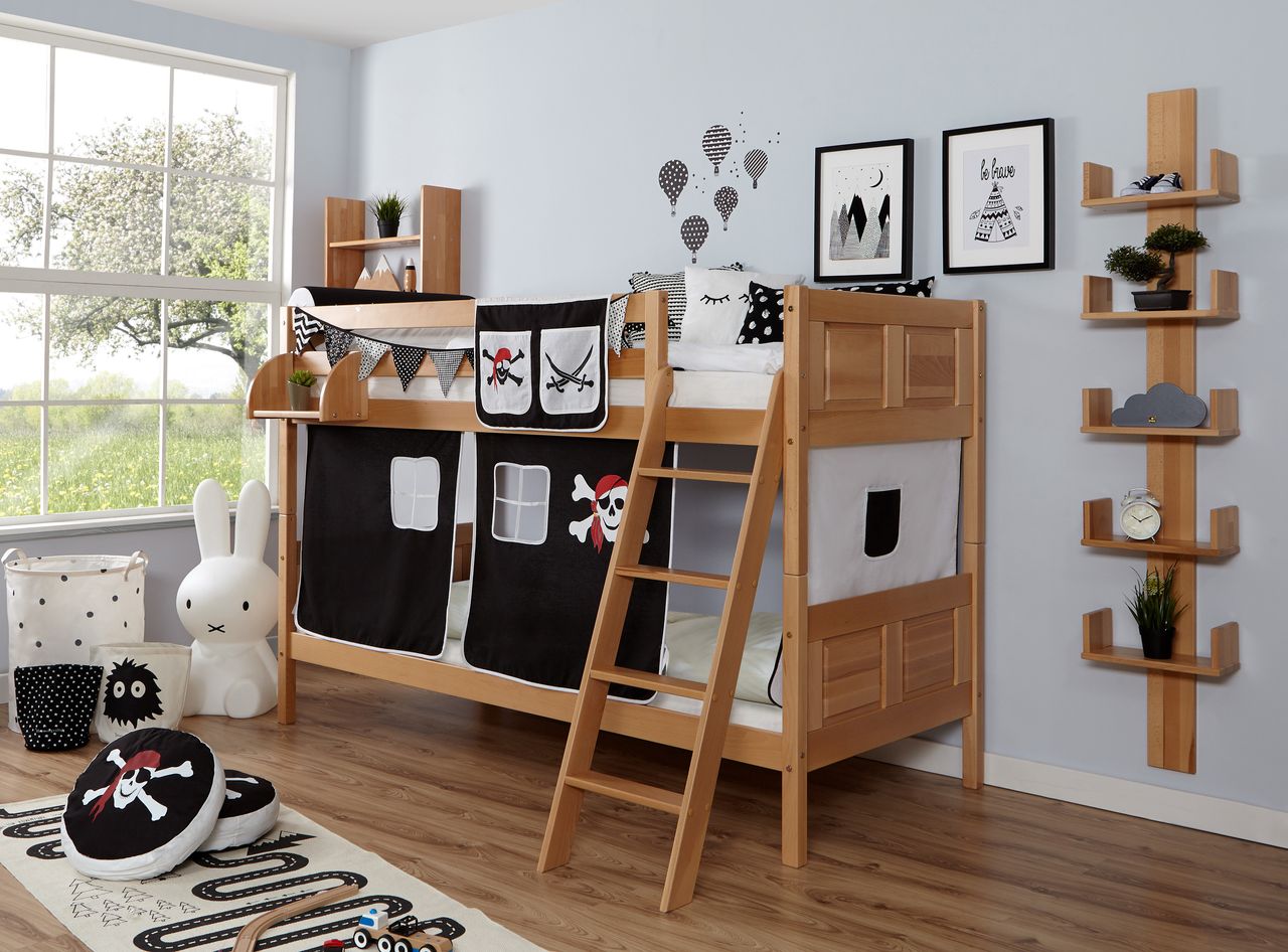 Ticaa Etagenbett Erni Country Buche Pirat-schwarz-weiß,A1