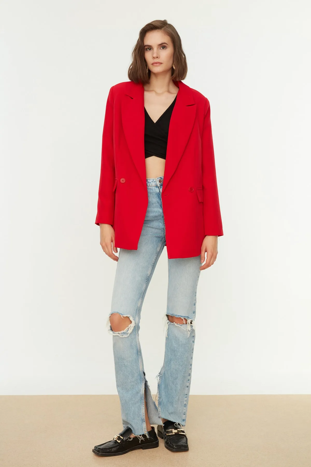 Trendyol Collection  Roter, normal gefütterter, zweireihiger, gewebter Blazer mit Verschluss TWOSS20CE0059