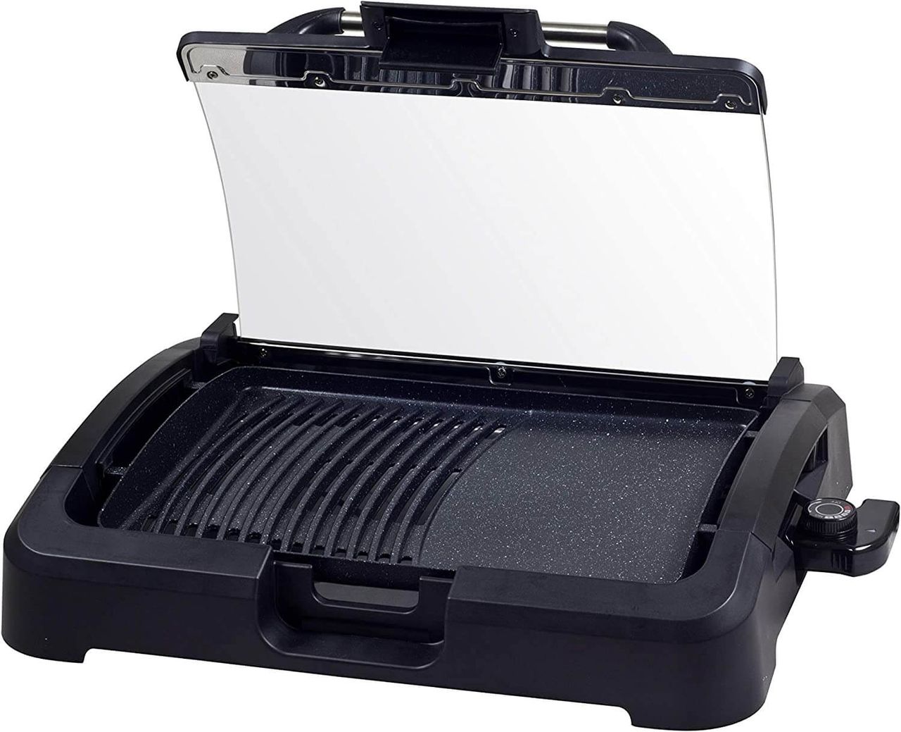 beper 90.871 Elektrogrill mit Glasdeckel, beschichtete Grillplatte, Edelstahl, 2200 W