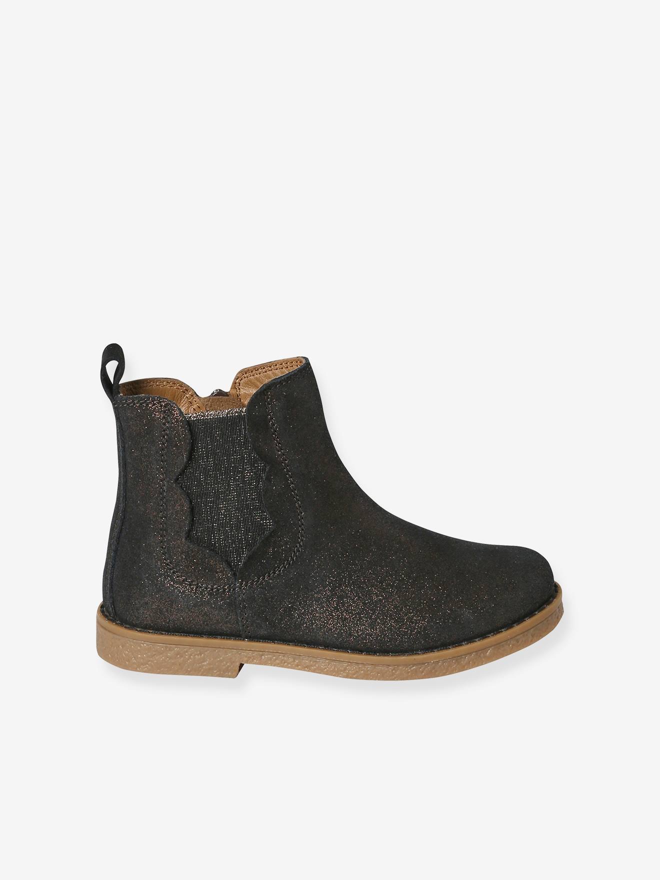 Boots cuir fille zippées et élastiquées marron irisé