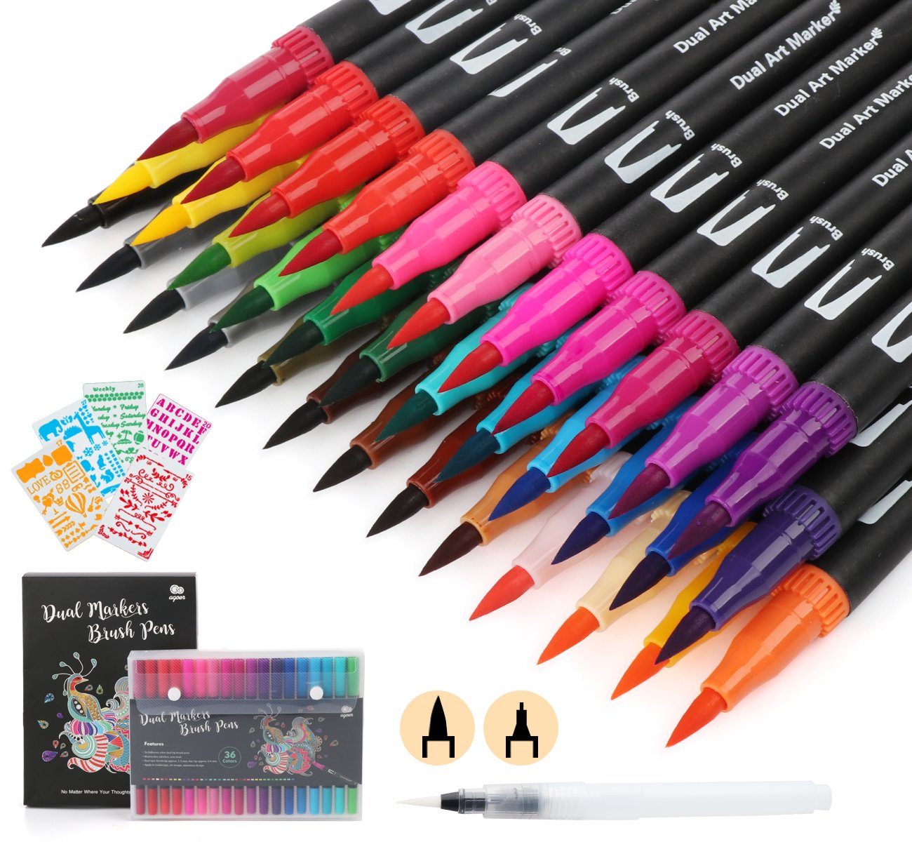 Homewit Filzstift 36 Farben Dual Brush Pen Marker mit 5 Schablonen + 1 Wassertankpinsel, (Set, 36, 36-tlg), Kunst Filzstift Set für Manga, Kalligraphie, Malen