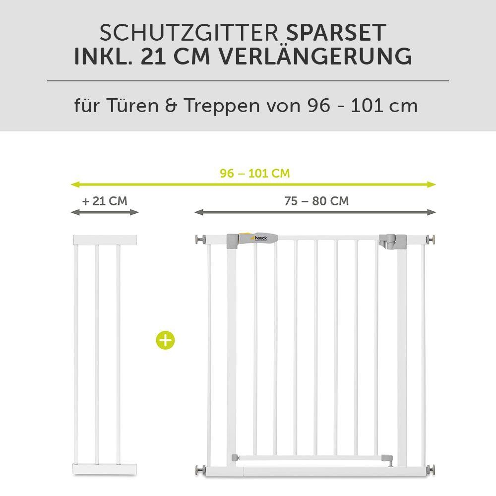 Hauck Türschutzgitter Open N Stop - White, Treppenschutzgitter 96 bis 101 cm inkl. 21 cm Verlängerung ohne Bohren