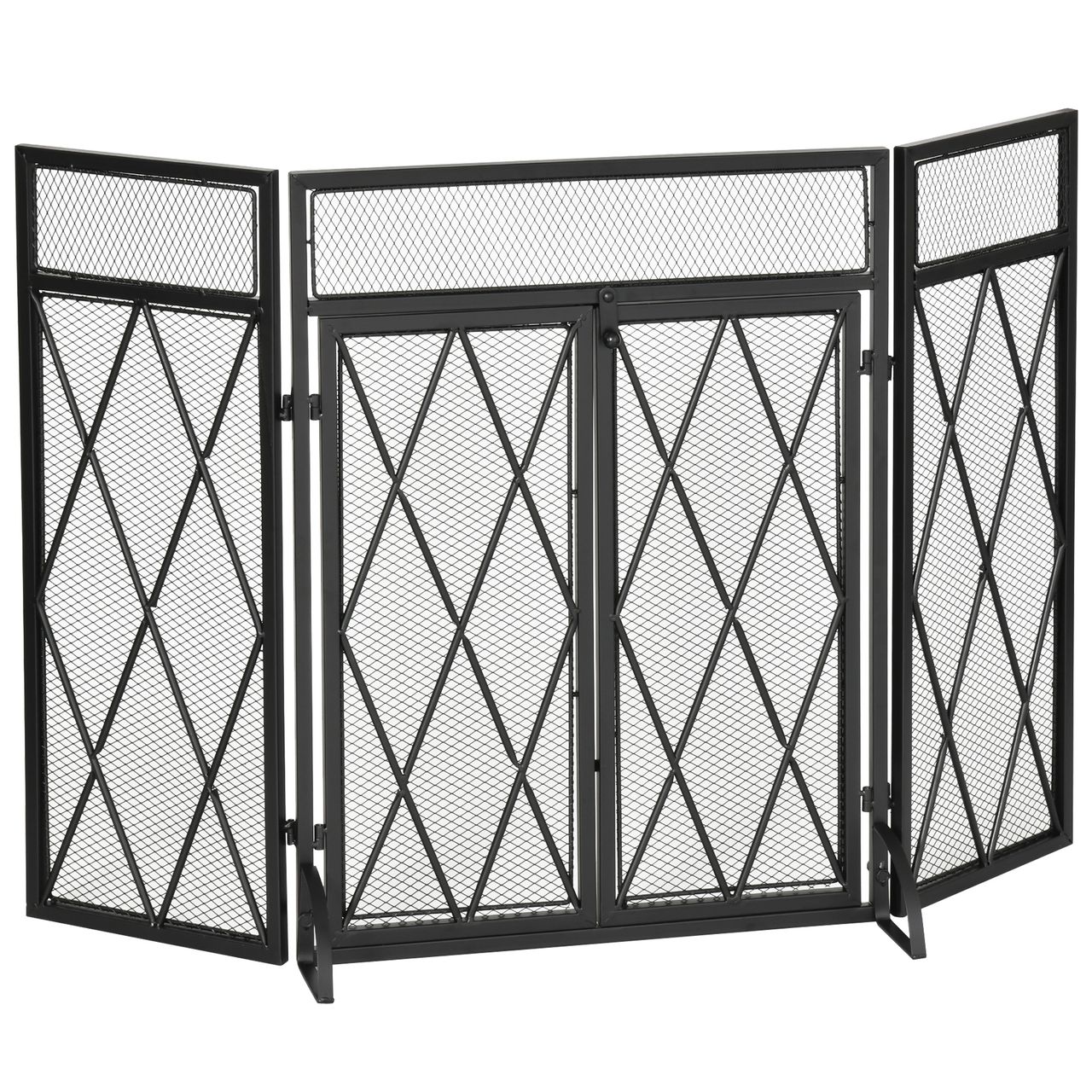 HOMCOM Kaminschirm Schmiedeeisen dreiteilige Design Doppeltüren Metall Schwarz