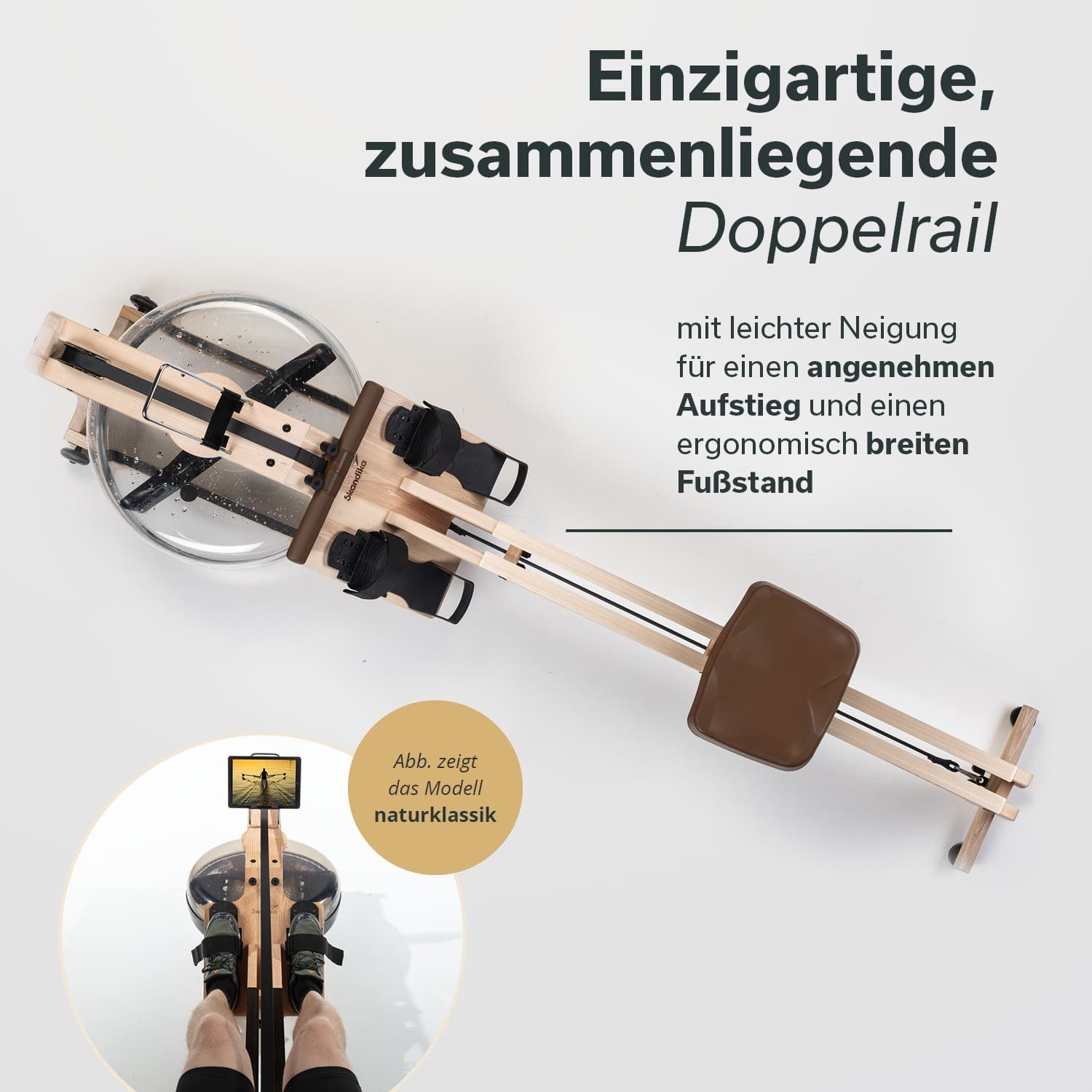 Skandika Rudergerät SKANDIKA Styrke (arktisweiß/braun), Rudergerät Wasser aus Holz, Wasserrudergerät für Zuhause, Esche