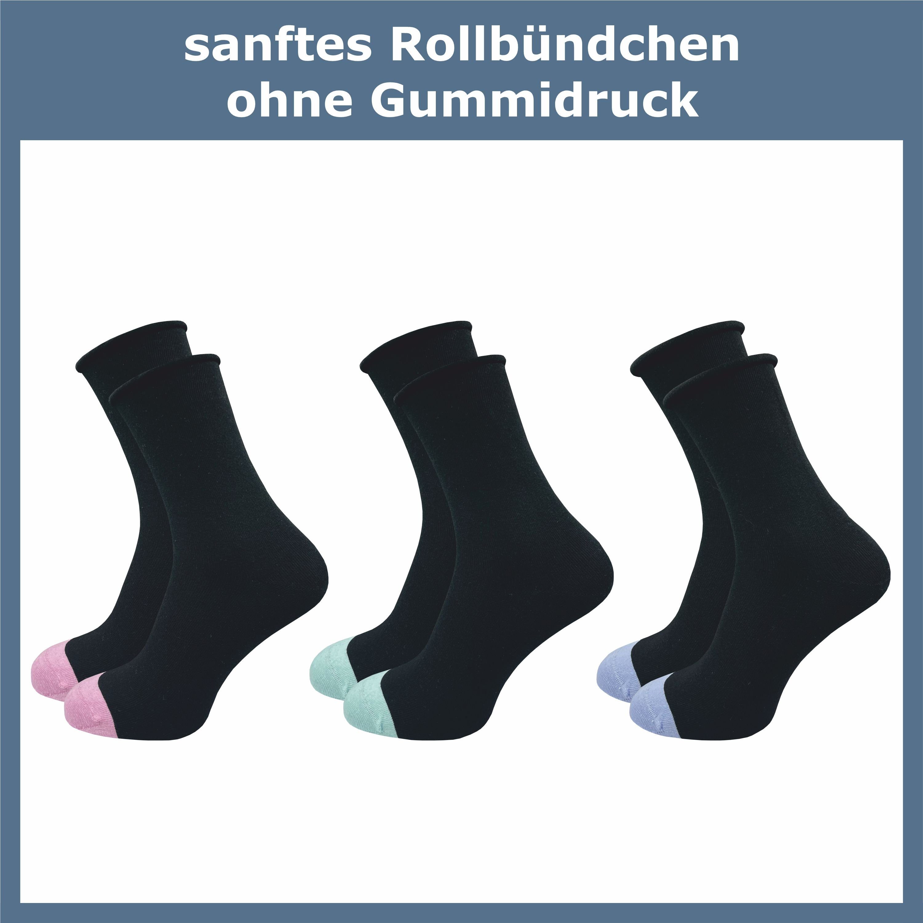 GAWILO Diabetikersocken für Damen mit Rollrand - Ohne drückende Naht & ohne Gummidruck (6 Paar) Venensocken aus atmungsaktiver Baumwolle - in schwarz & bunt