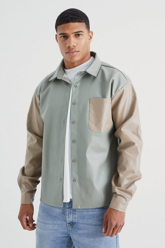 PU Colorblock Overshirt mit Tasche