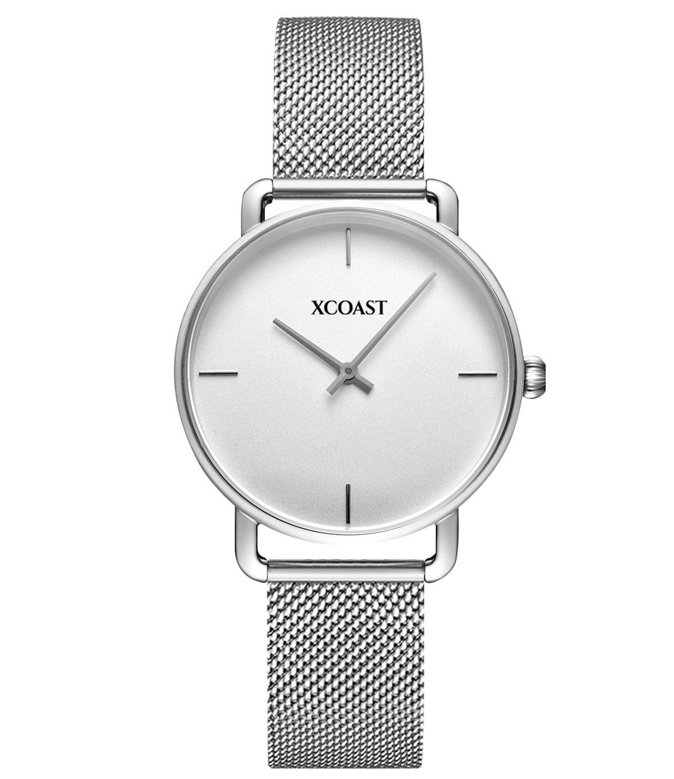 XCOAST Quarzuhr 570206 Yara Silver White, elegante Armbanduhr für Damen Quarzuhr Moderne Damenarmbanduhr Metallarmband Businessuhr Analog Japanisches Quarzuhrwerk, Datumsanzeige
