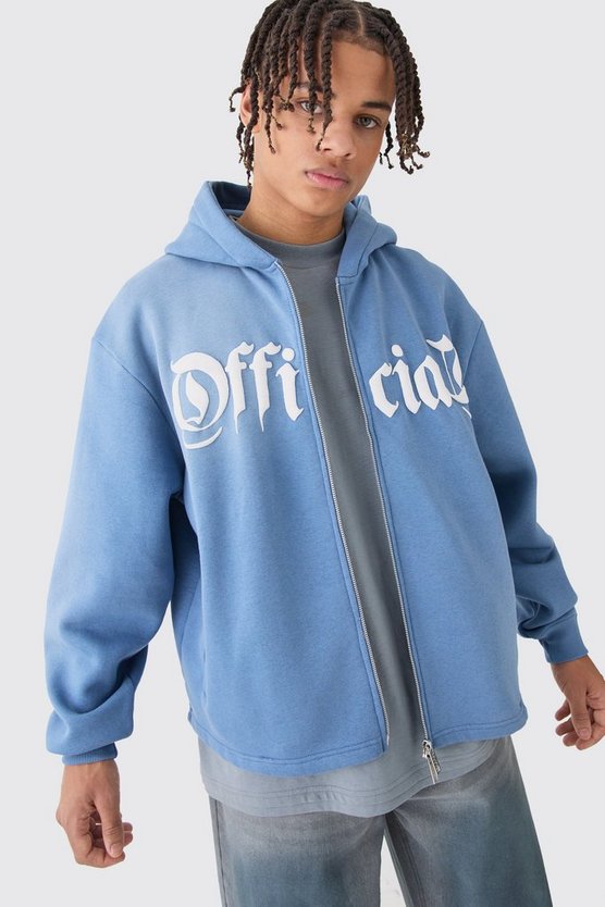 Kastiger Oversize Hoodie mit Reißverschluss und Denim-Applikation