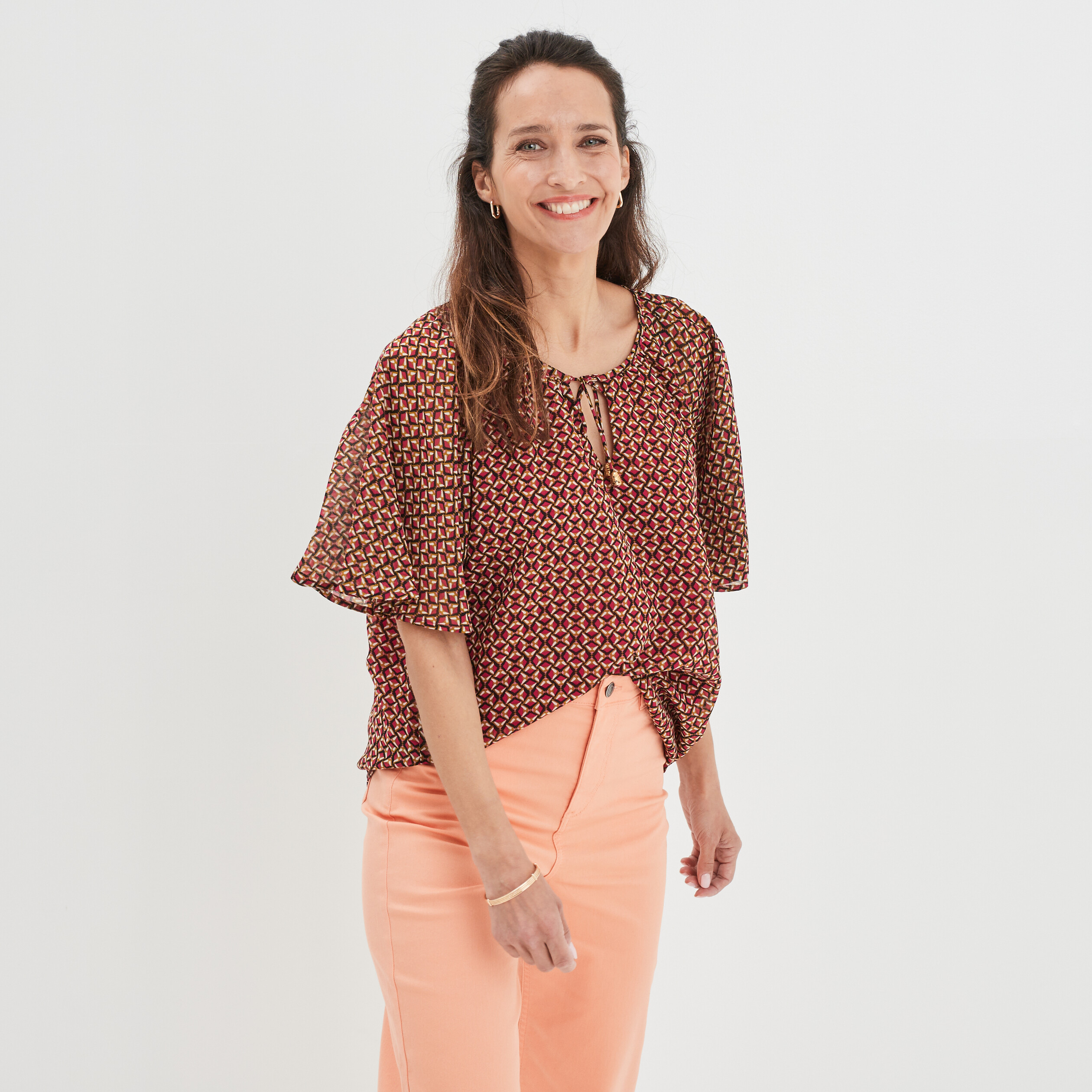 Blouse col tunisien avec cordons rose fushia femme | La Halle