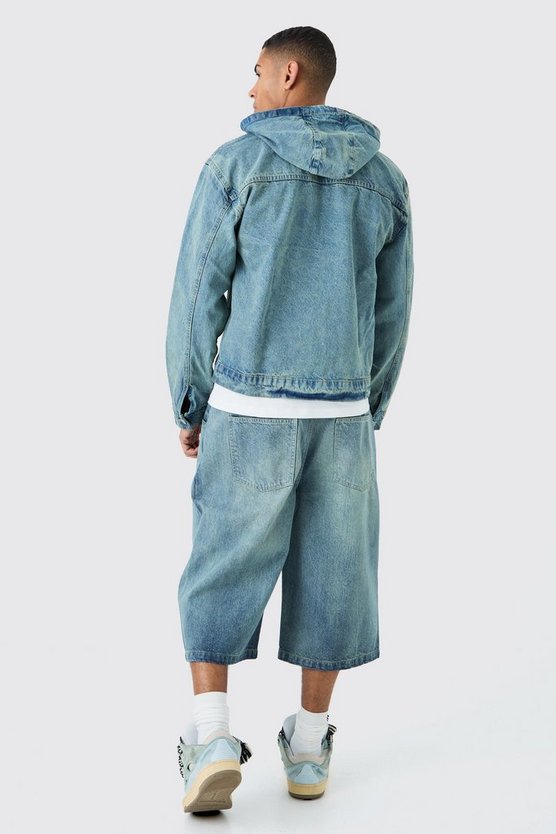 Lange Jeansshorts in antikblauer Waschung
