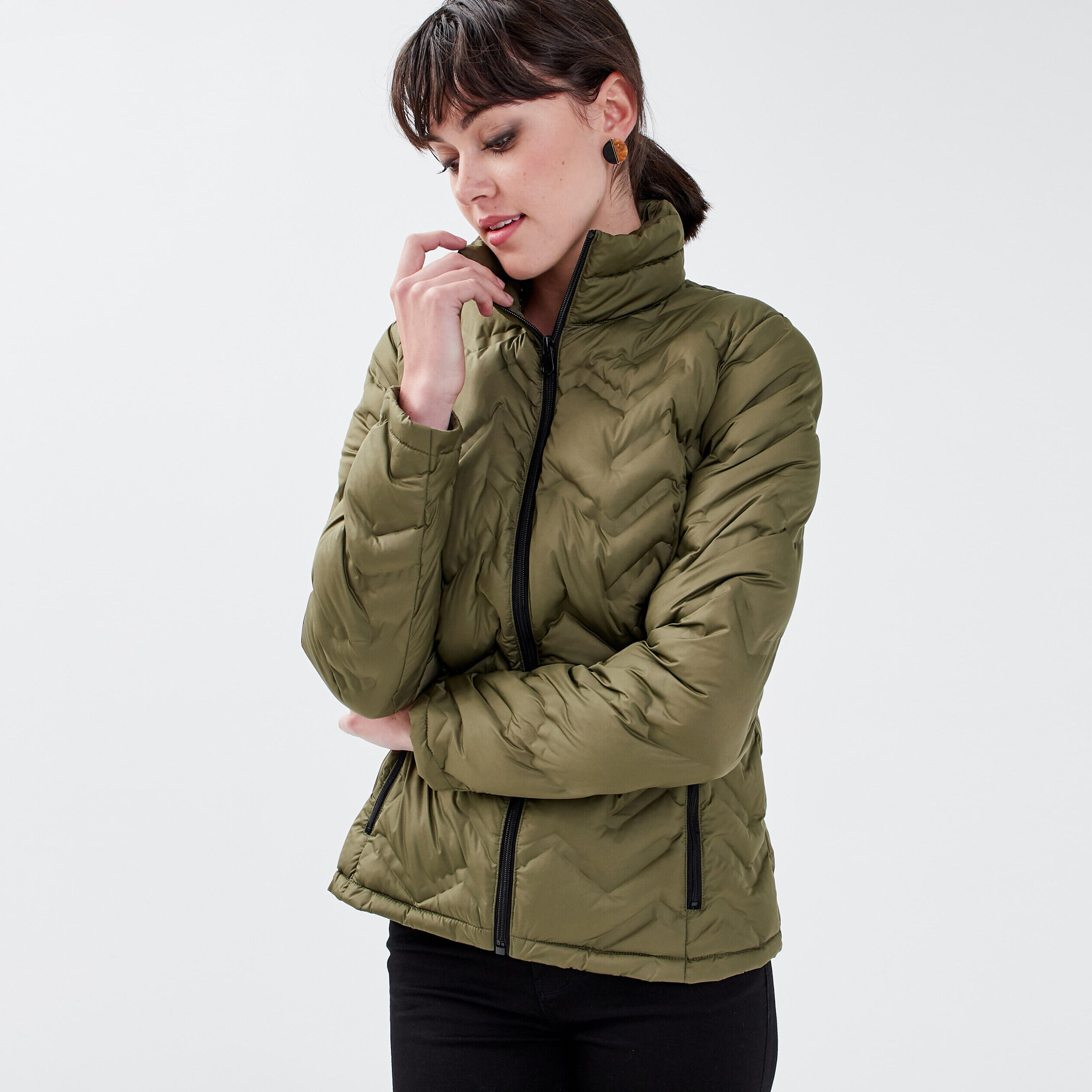 Doudoune droite zippée vert kaki femme | Cache Cache