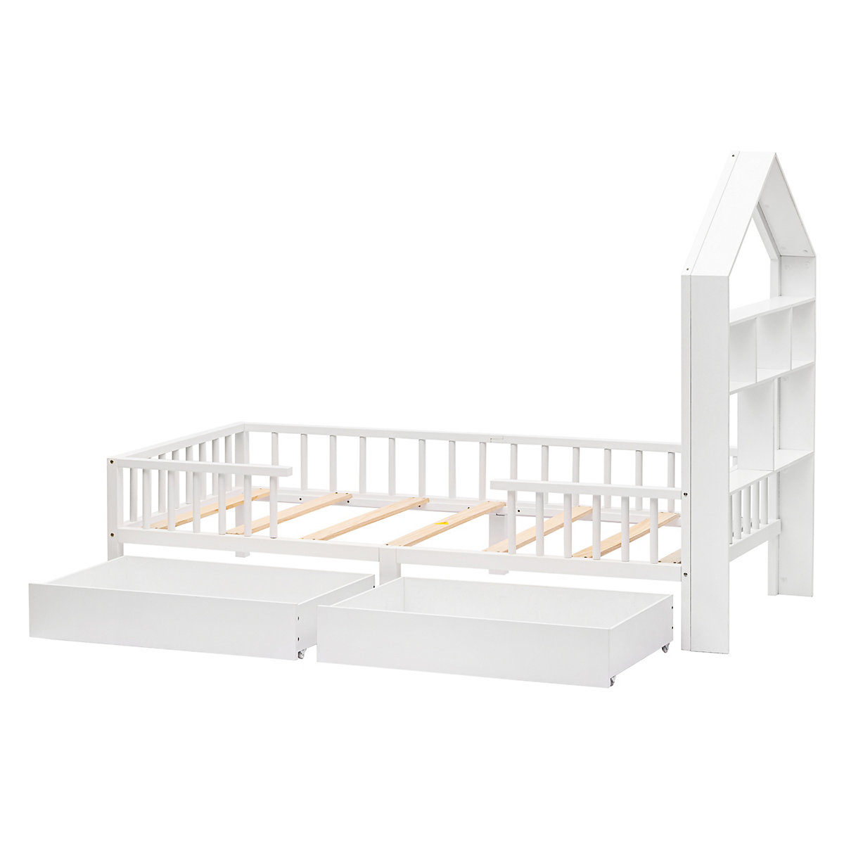 Hausbett 90x200 cm mit Bücherregal und Schubladen