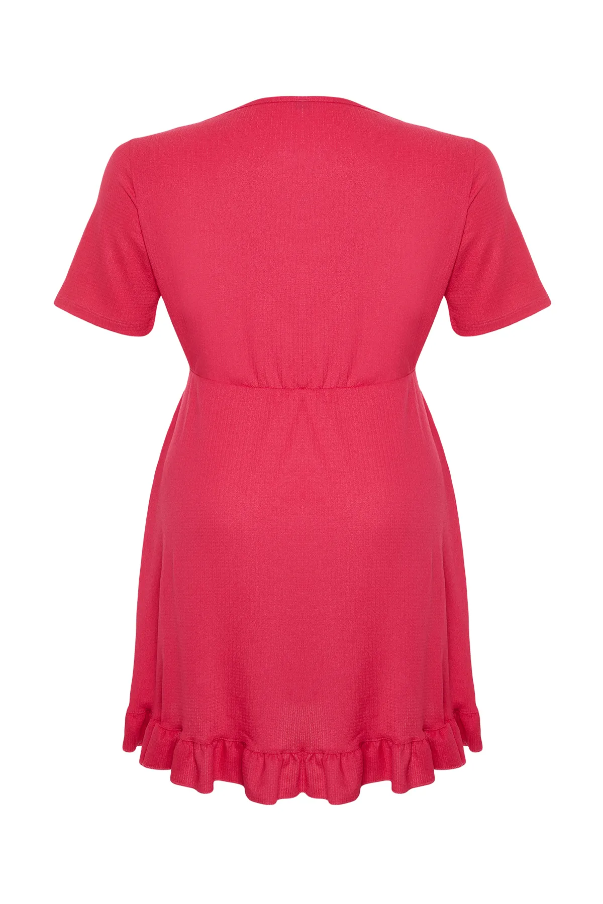 Trendyol Curve  Rosafarbenes, zweireihiges, gerüschtes Strickkleid. Zweireihiges, gerüschtes Mini-Strickkleid mit Volants. TBSSS24AH00037