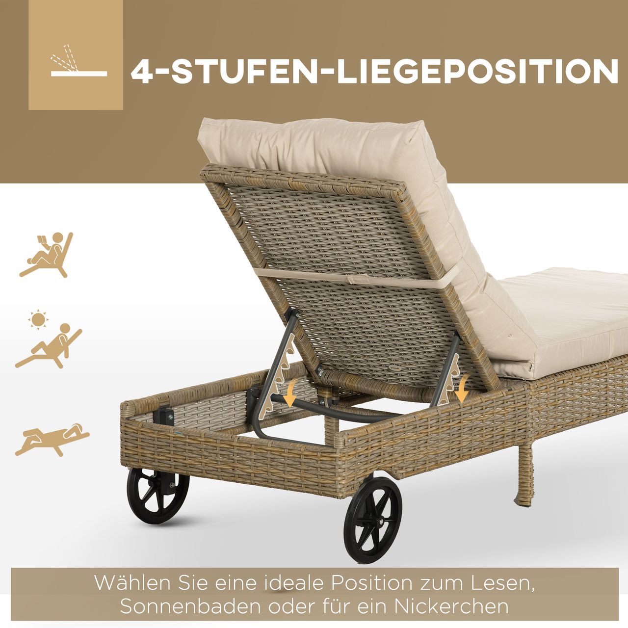 Outsunny Polyrattan Sonnenliege Gartenliege mit Rollen Kissen 4-stufig verstellbar Rattanliege Gartenmöbel Liege Stahl Natur Khaki 200 x 66 x 92 cm