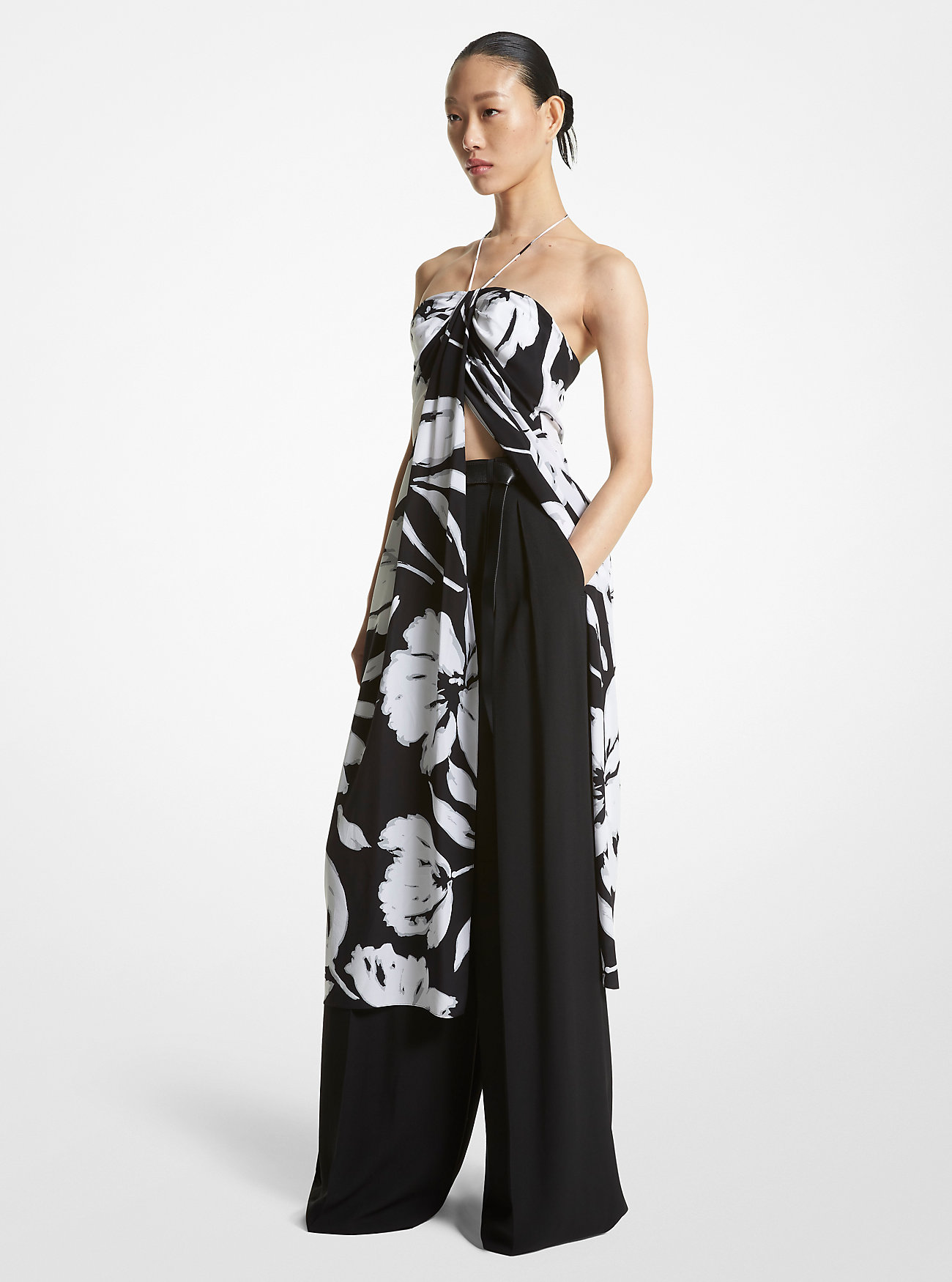 Brushstroke Floral Silk Crepe De Chine Sarong Tunic - WHITE/BLACK