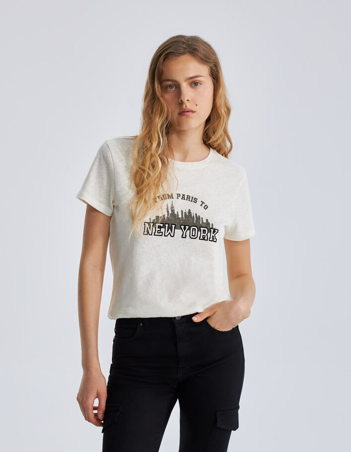 Tee-shirt ivoire en coton et lin à message Femme