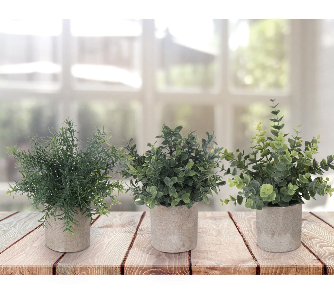 Künstliche Zimmerpflanze 3 Stück Mini Kunstpflanzen mit Töpfen Eukalyptus Rosmarin Babysbreath, Homewit, Tischdeko Haus Balkon Büro Deko