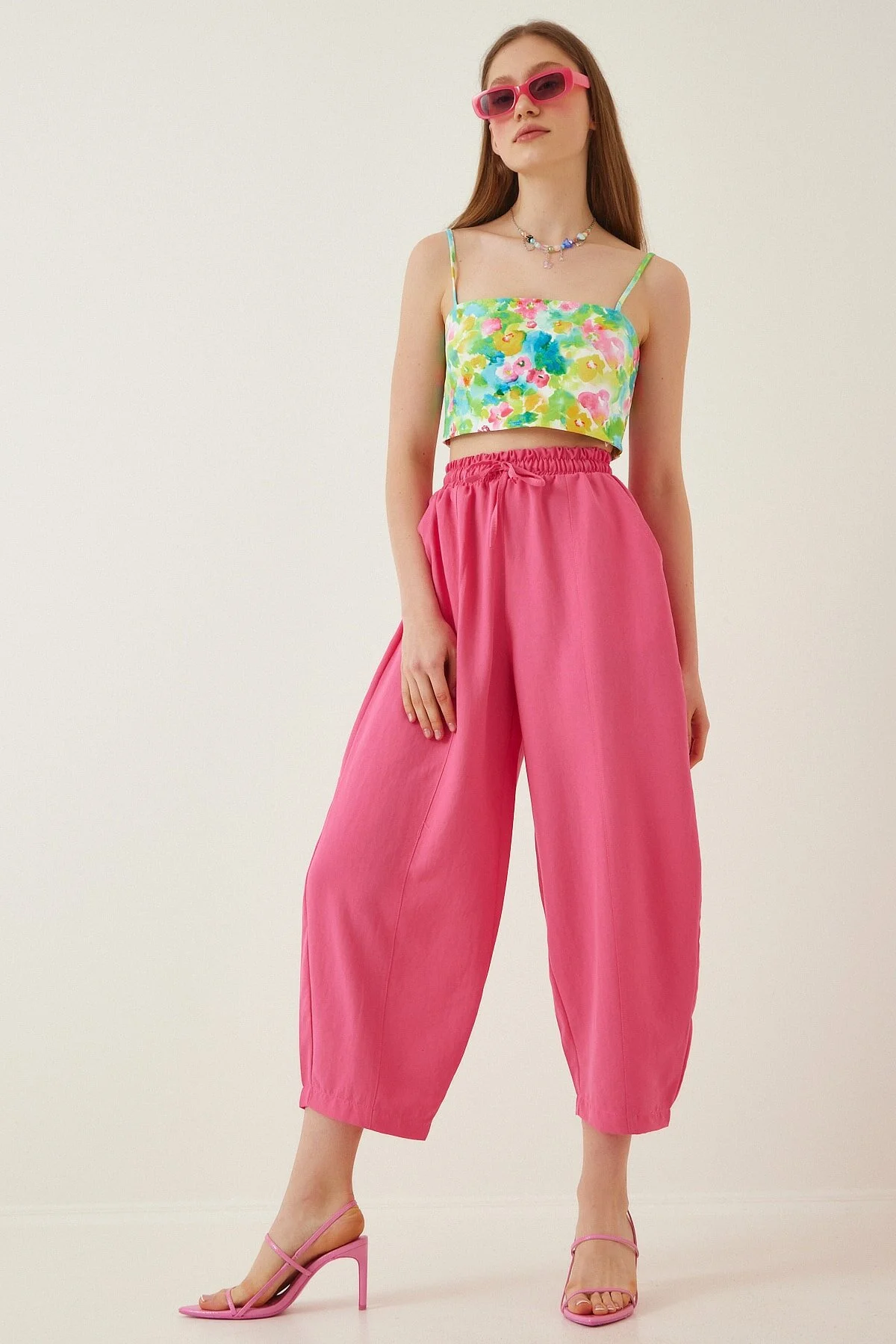 Happiness İstanbul  Dunkelrosa Shalwar-Hose aus Leinenviskose mit Taschen CV00001 für Damen