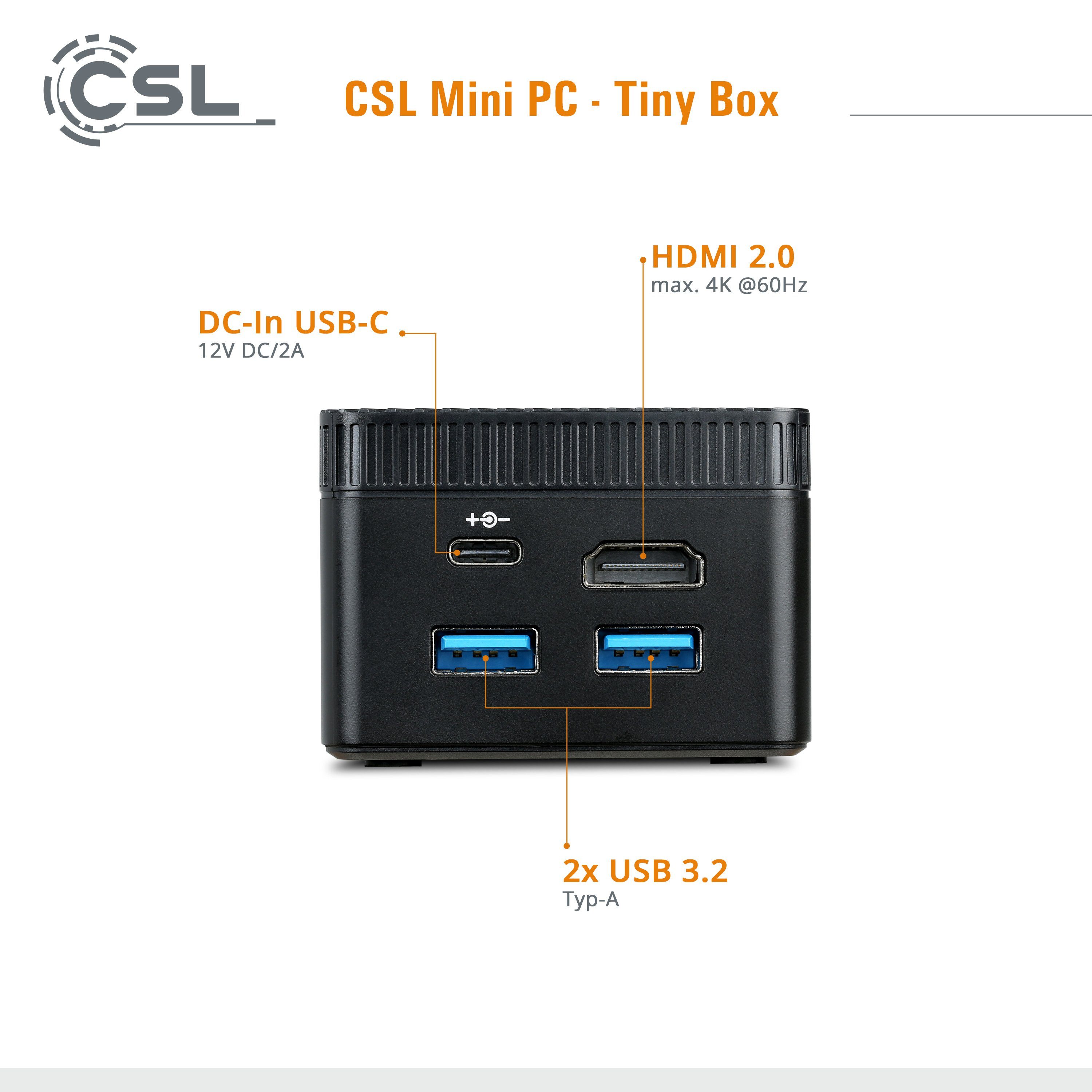 CSL Tiny Box PC (Intel® Celeron N4120, Intel® HD Graphics 600, 4 GB RAM, 128 GB SSD, passiver CPU-Kühler, 2m HDMI Kabel)