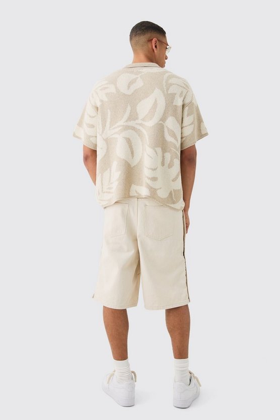 Oversized Boxy Tonal Jacquard Floral Knit Polo