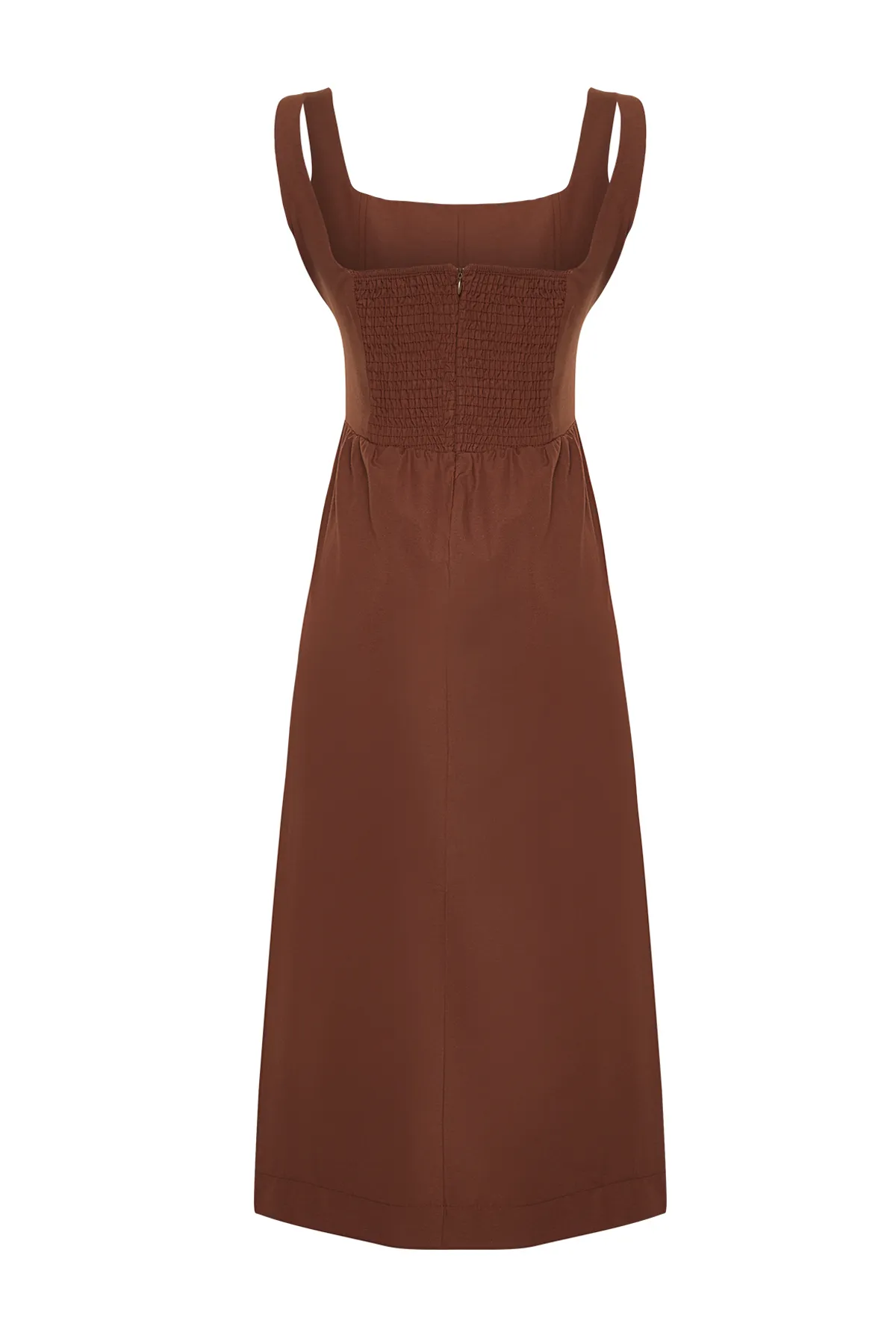 Trendyol Collection  Braunes gewebtes Midikleid mit Taillenöffnung und Korsett-Nähten TWOSS24EL00038