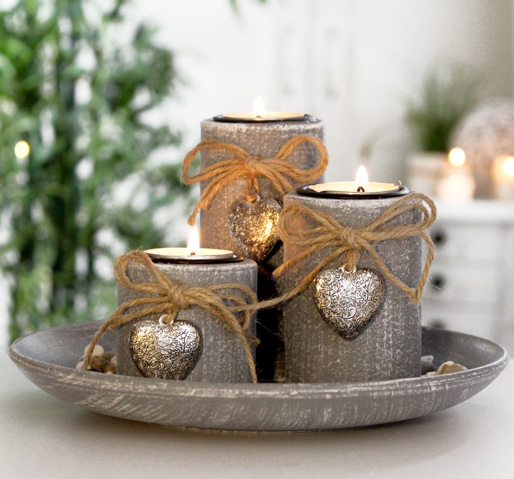 LB H&F Lilienburg Teelichthalter Teelichthalter Kerzenhalter Kerzenständer Windlicht SET Geschenkset (Advent Weihnachten Weihnachtsdeko GRAU RUND, Design Tischdeko Tischdekoration silber Herz Winter Herbst), Dekoteller Dekotablett Kerzentablett Landh