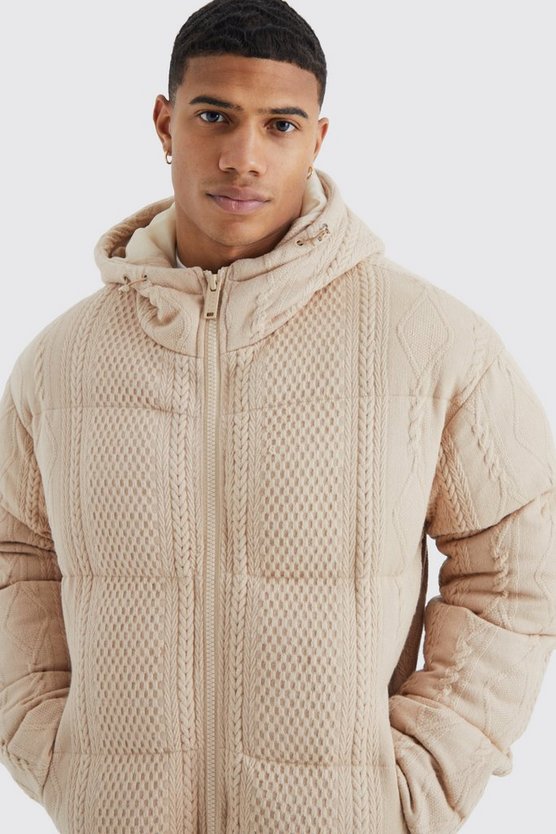 Zopfmuster-Steppjacke mit Kapuze