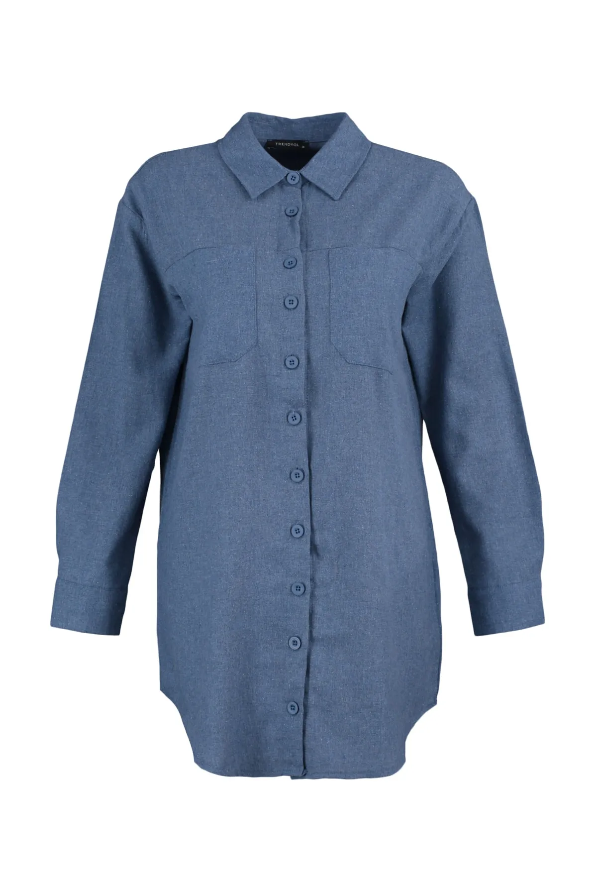 Trendyol Modest  Blaue gewebte Winter-Hemdjacke mit zwei Taschen TCTAW23TG00052