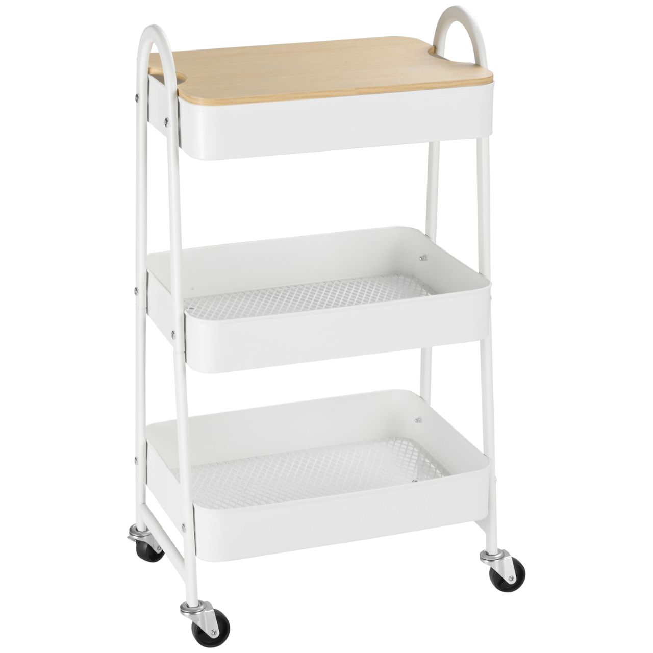HOMCOM Küchenwagen Metallrollwagen 3-Etagen Metall mit großem Stauraum und Deckel für Küchen und Büro Aufbewahrungswagen Servierwagen Küchenregal mit Rollen Stahl Weiß 45 x 31 x 79,4 cm