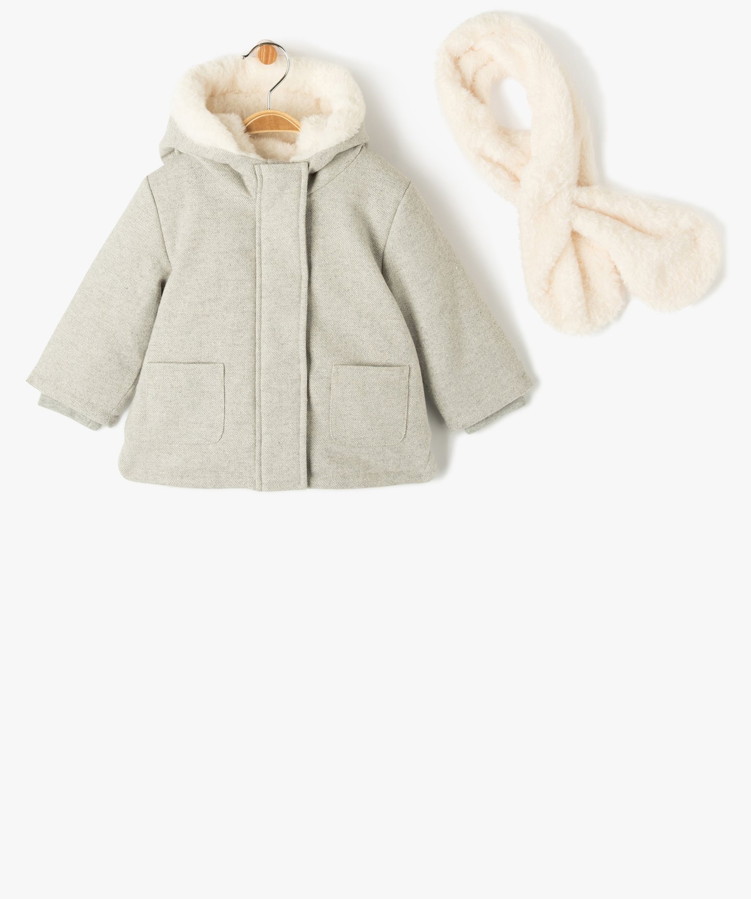 Manteau à capuche doublé peluche avec écharpe bébé fille gris clair | GEMO
