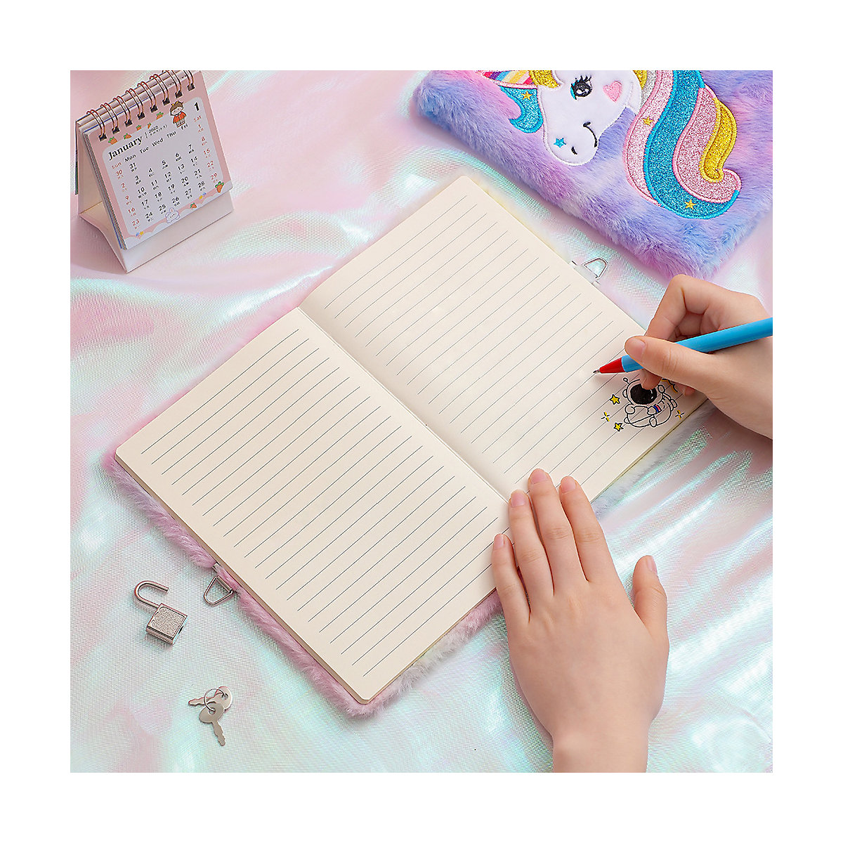 Einhorn Notizbuch mit Schlössern und Schlüsseln,160 Seiten,A5 Notizbücher für Kinder