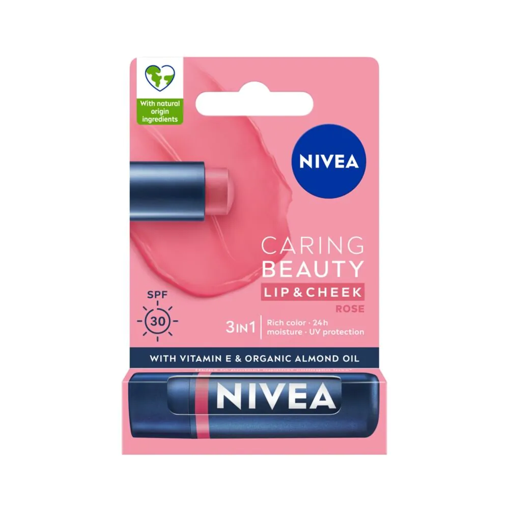 „Nivea Caring Beauty 3in1“ rožių lūpų balzamas