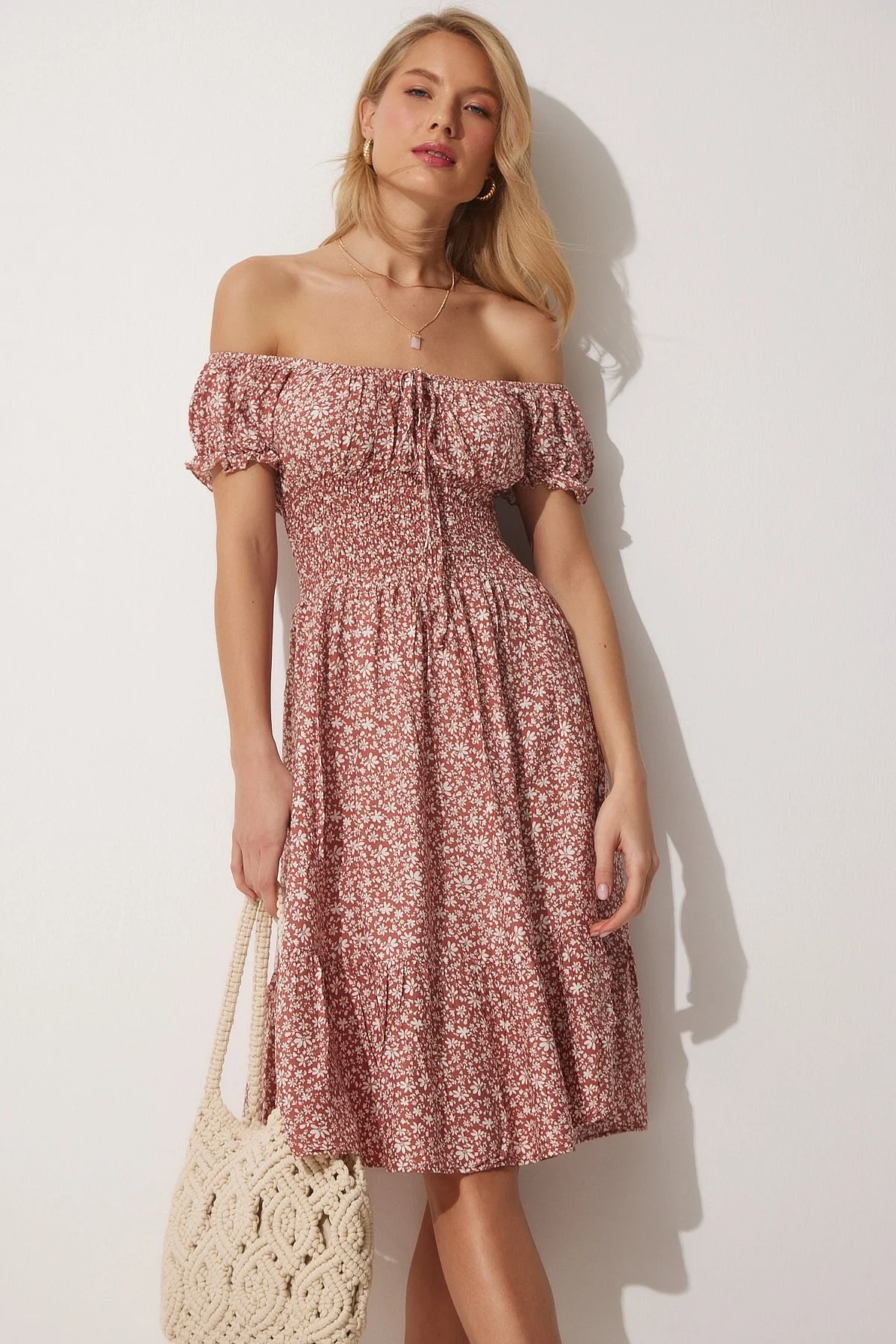 Happiness İstanbul  Damen-Sommerkleid mit Carmen-Kragen, ziegelfarben, gestrickt, MX00080