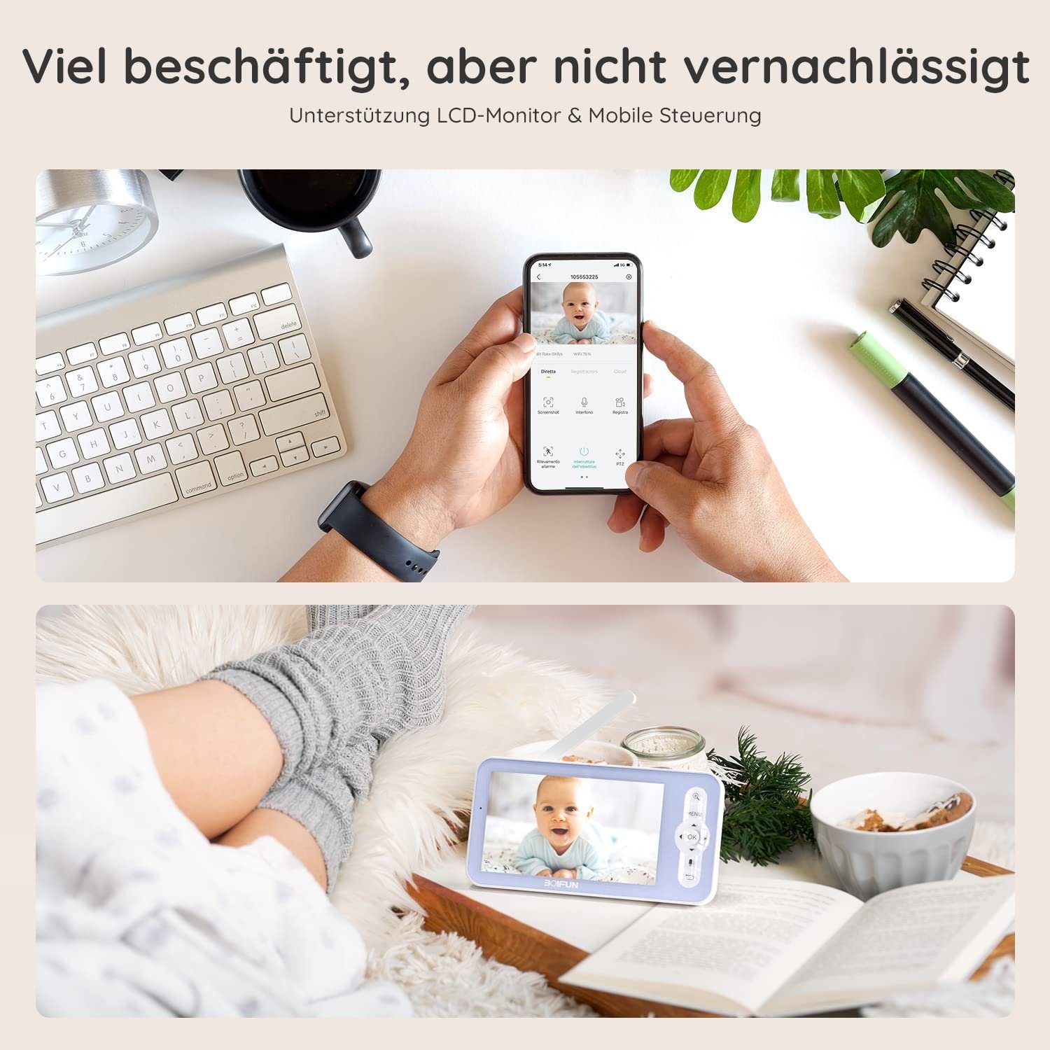 Boifun Video-Babyphone Babyphone mit Kamera 1080P, 355°/90° PTZ Geräuschlose Rotation, 4×Zoom, 5