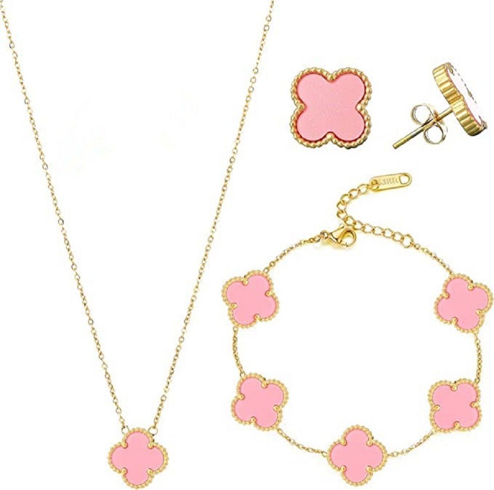 ENGELSINN Schmuckset Vierblättriges Glücksklee Schmuck Set für Damen inkl. Geschenkbox, Armband Ohrstecker Halskette Anhänger