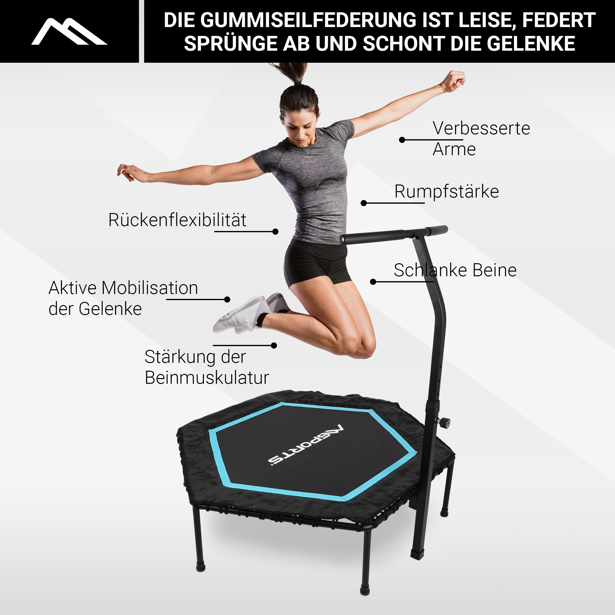 MSports® Fitnesstrampolin Fitness Trampolin mit Klappfunktion und Haltestange für Indoor und Outdoor, mit Höhenverstellung 150 kg Belastbarkeit